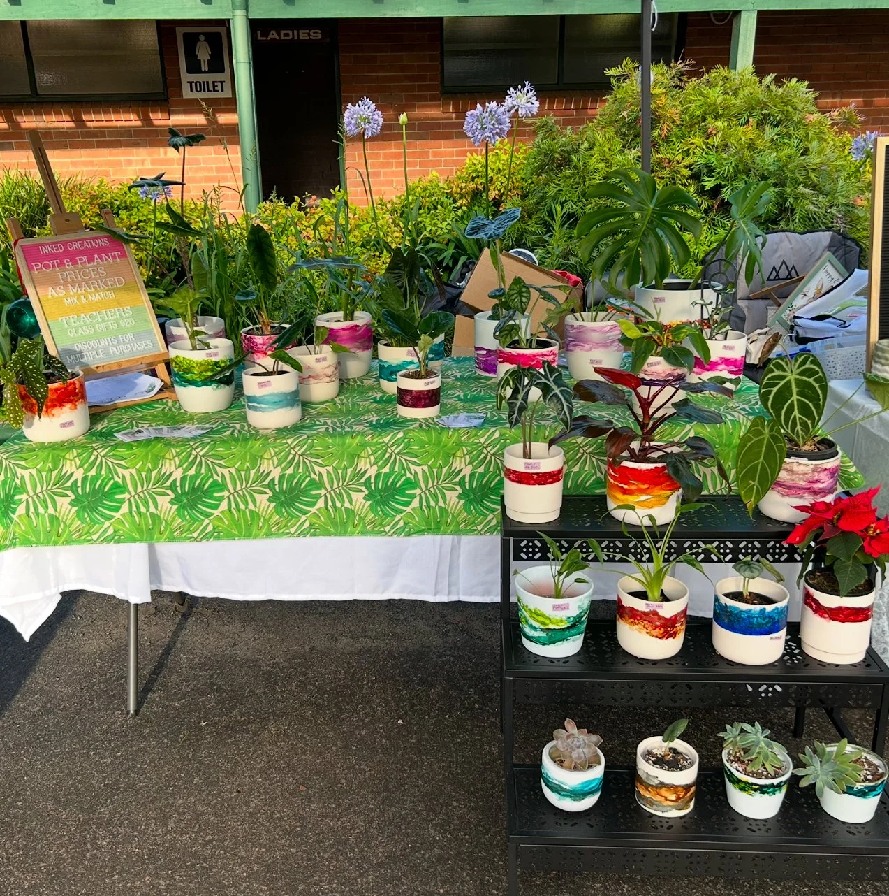 A table displaying colorful hand-painted pots with various plants at an outdoor market. There is a sign indicating pot and plant prices and a nearby black shelf with more pots and plants. A blue and purple flower arrangement is visible behind the table.