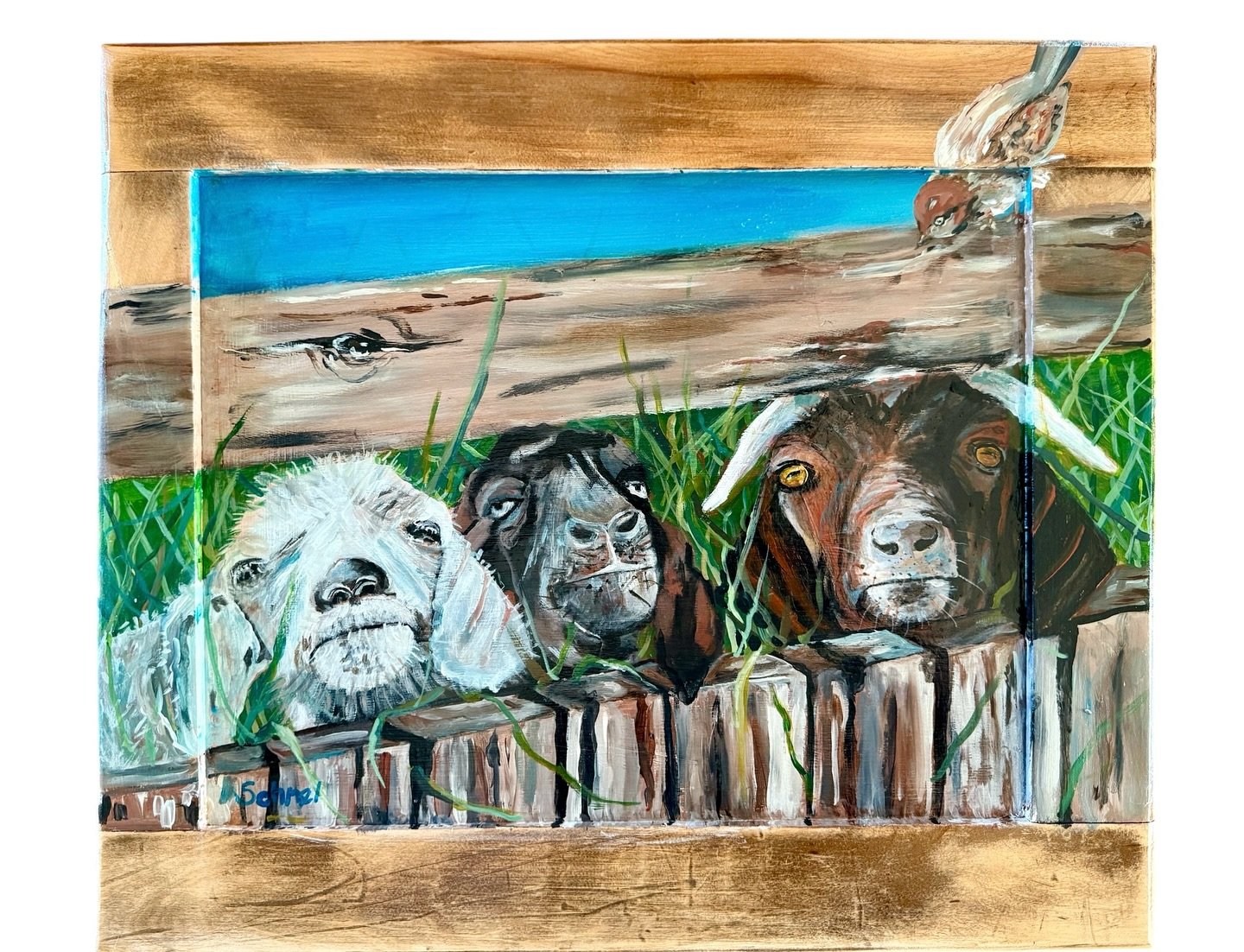 New painting completed! I created &ldquo;Got Goats?&rdquo; on a reclaimed antique door panel. I prepped the panel with gesso before creating these critters in acrylic. I definitely painted outsides the lines with this one! It is sealed and ready to h