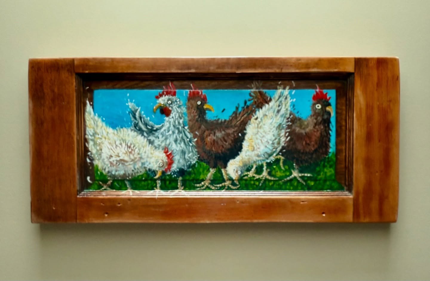 More Chickens! This is my 20th painting of the cluckers! They never stay around long! &quot;Hen House Hustle&rdquo; was created in acrylic on a gorgeous antique reclaimed solid wood door panel. I loved making this fun and character-filled painting! T