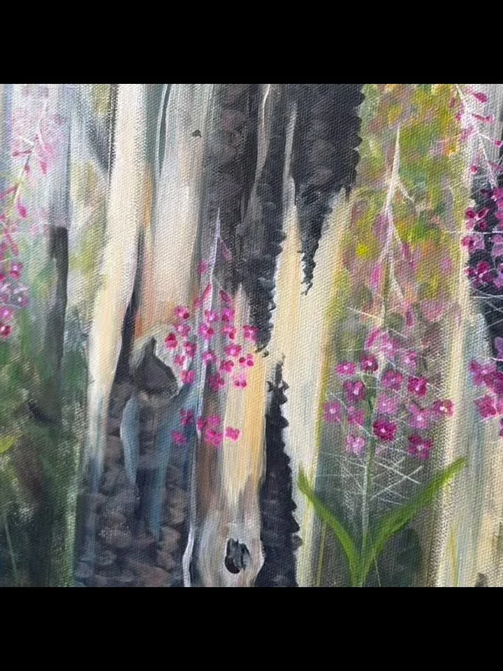 I have switched from watercolour to using acrylic this week. I finished the 18 x 24 acrylic painting on stretched canvas titled &rdquo;Resilience in Bloom&rdquo; depicting the striking renewal of nature after devastation. Fireweed is one of the first
