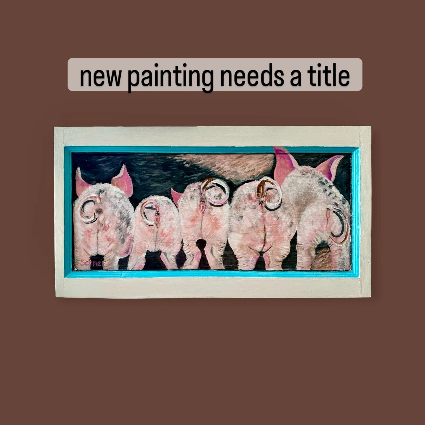 Finished a new 13.75 x 25.5 inch door panel whimsical animal acrylic painting of little piggies at the milk bar. Now l need a title! I have a couple of ideas, however always love the opportunity to hear your thoughts. These piglets each display their