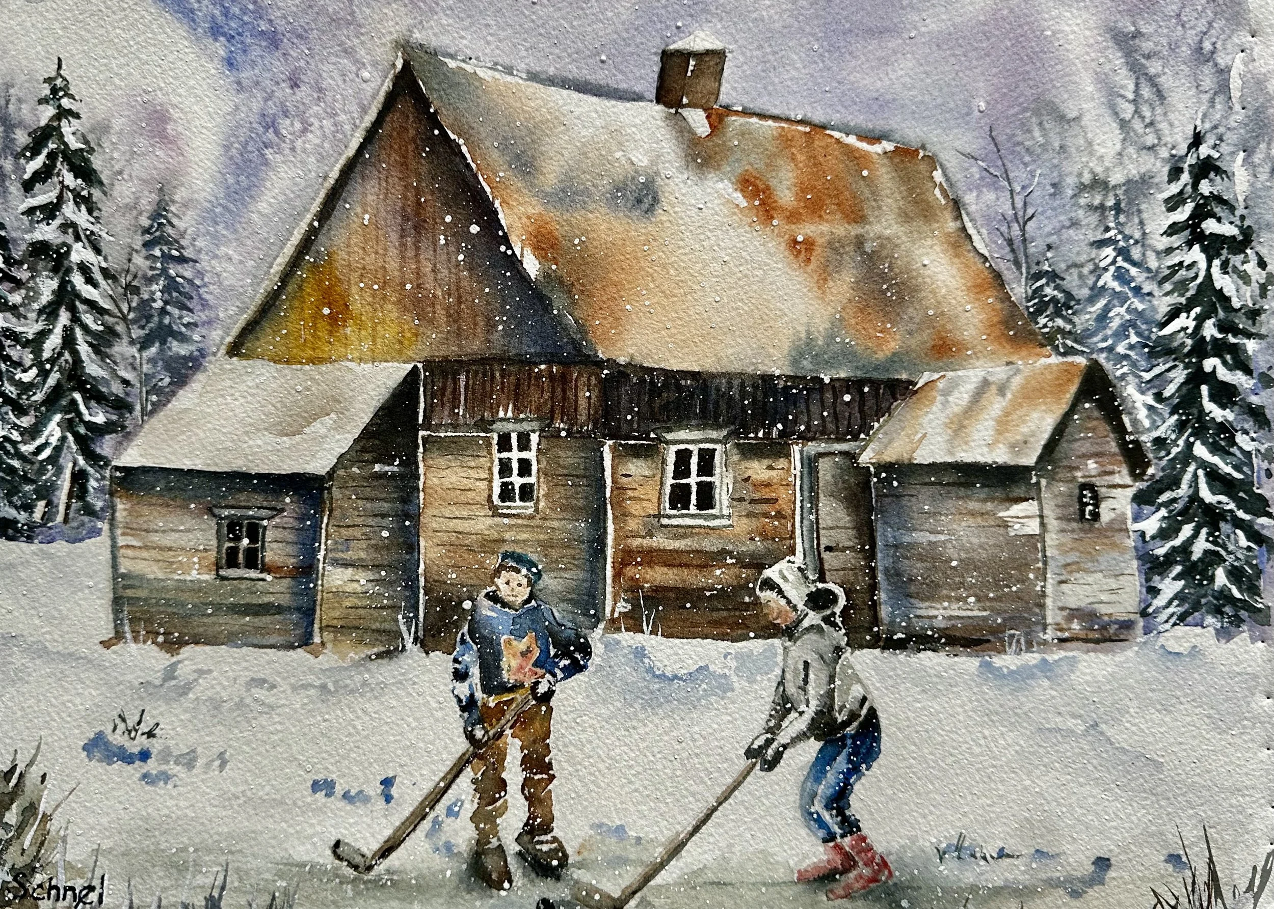 Winter Play- Watercolour on Paper-Available