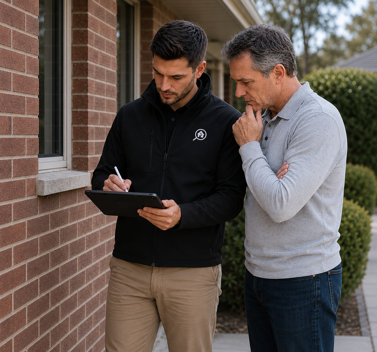 Two men standing outside near a brick house, looking at a tablet device together. One man is writing on it with a stylus, the other is thoughtfully observing.