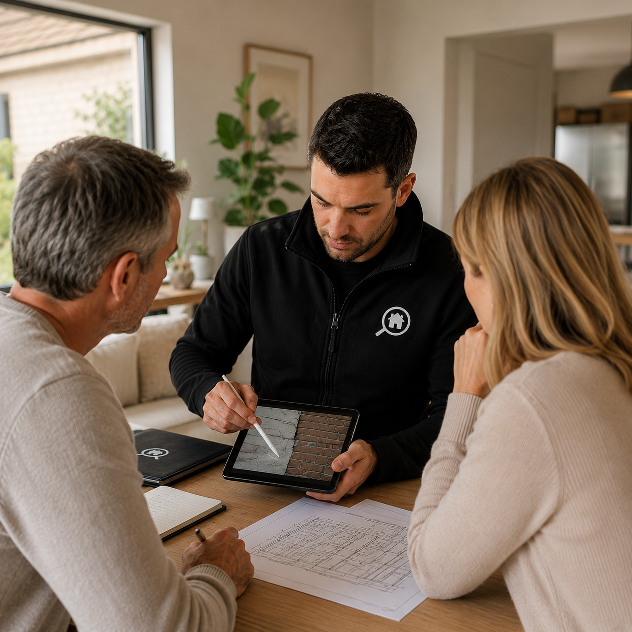 A couple and a man discussing home renovation plans at a table with blueprints, while the man shows sample wall textures on a tablet.