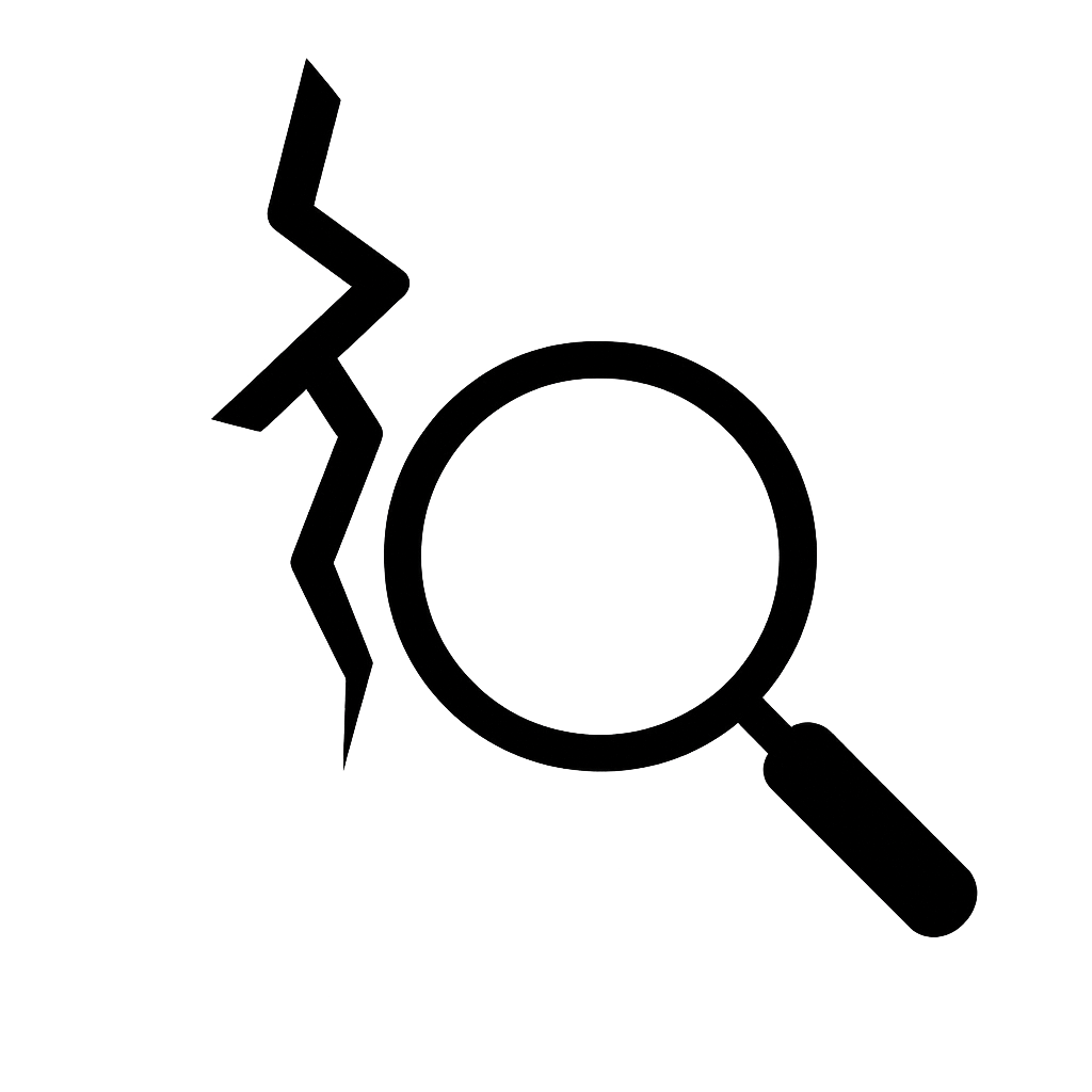 Outline of a magnifying glass, with a lightning bolt and a speech bubble with a question mark inside.