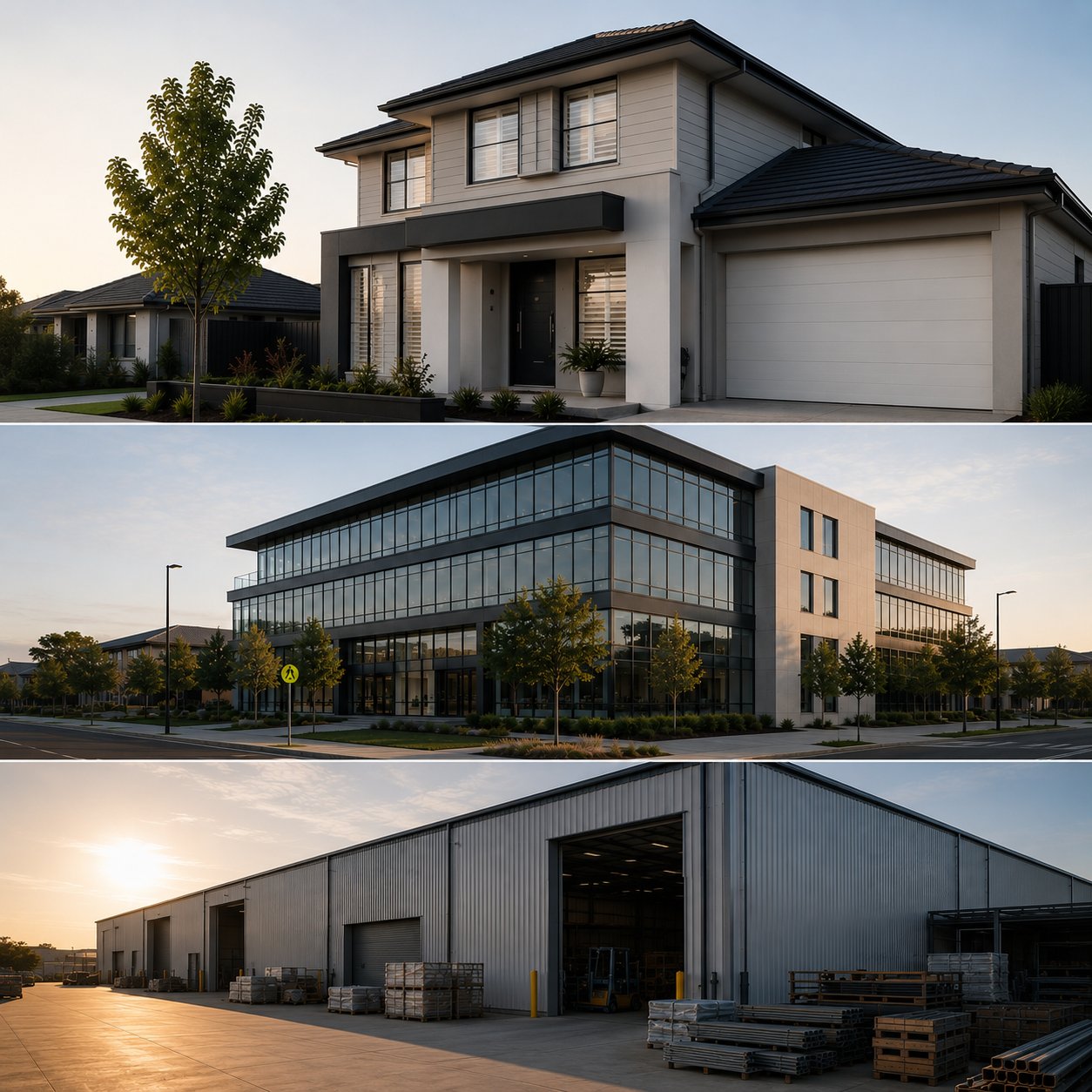 Three types of buildings: a modern residential house, an office building with glass windows, and an industrial warehouse with pallets outside at sunset.