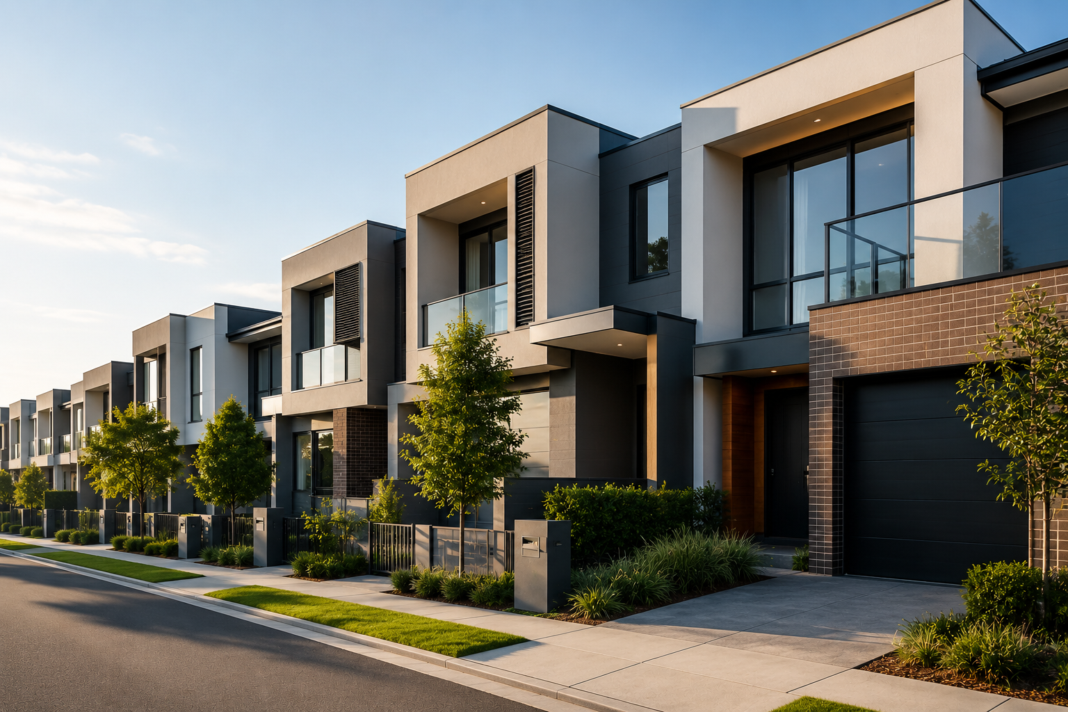 Modern row of townhouses with large glass windows, small front yards with trees, and black garage doors, under a clear blue sky.