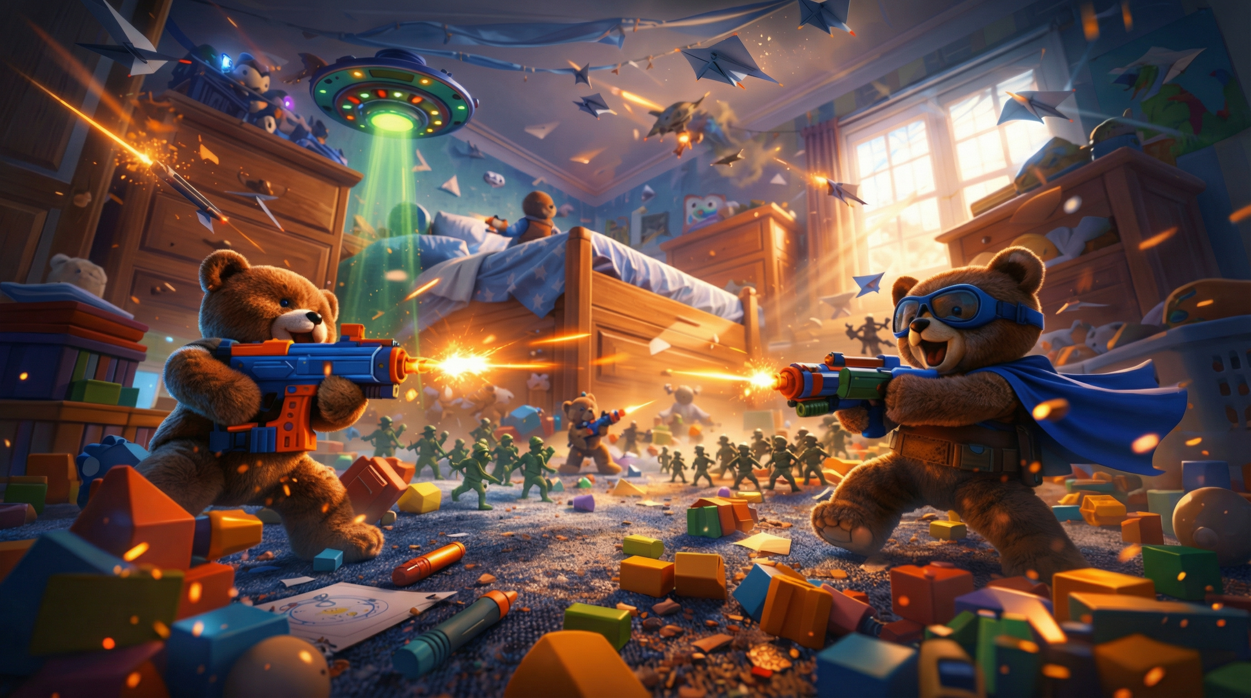 Teddy bears playing laser tag with toy guns in a cluttered kid's bedroom, with toys, building blocks, and drawings scattered on the floor; a flying saucer on the ceiling and origami space ships hanging from the ceiling.