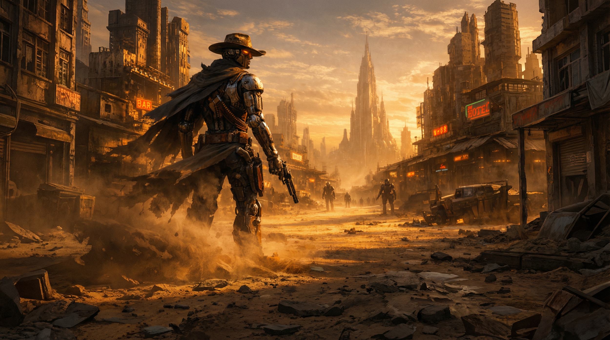 A futuristic soldier with a robotic arm, wearing a wide-brimmed hat and a long coat, holding a gun, walking through a war-torn city at sunset. Several other soldiers are in the background, with damaged buildings and abandoned vehicles surrounding them.