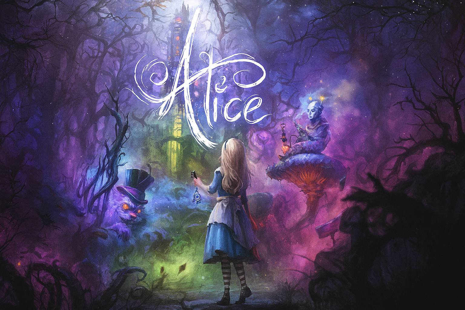 A girl in a dress and striped stockings stands in a fantastical, dark forest with twisted trees. She faces a seated witch with glowing eyes and a pointing finger. A tall, colorful tower looms in the background. The word 'Alice' is written in glowing 