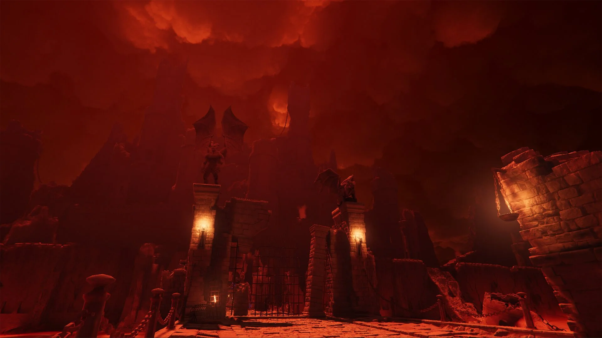 A dark, fiery scene of a fortress with large statues of dragon-like creatures with wings atop tall pillars, surrounded by a chain barrier, under a dramatic red sky with towering clouds.