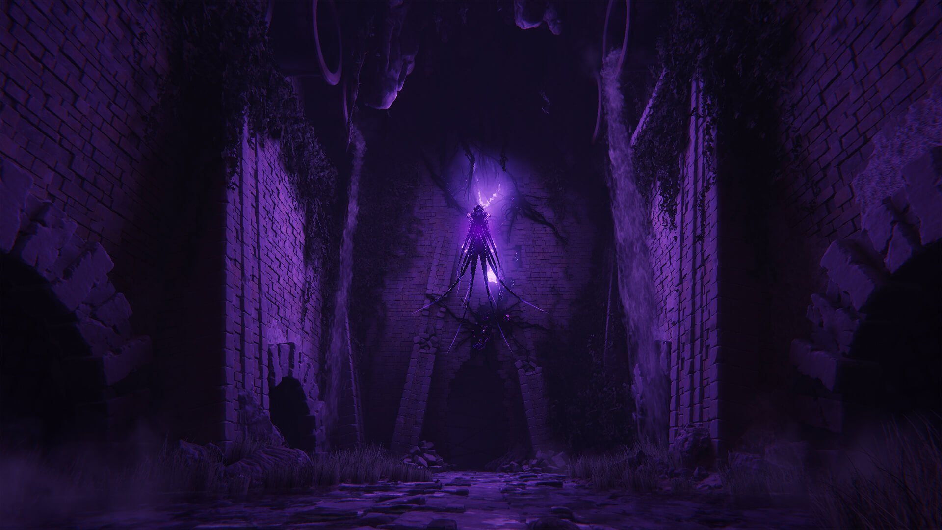 A dark, abandoned stone corridor illuminated by purple lighting. A large, mysterious mechanical creature with multiple tentacle-like appendages and glowing purple energy stands at the end of the corridor.