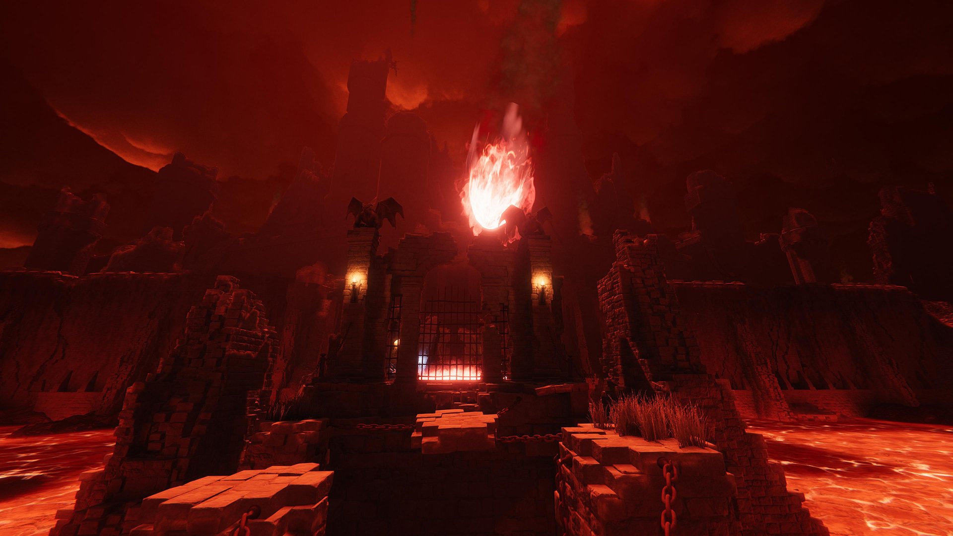 A fiery scene depicting a dark fortress with gothic architecture, surrounded by lava and flames. The sky is filled with smoke and ash, with a large, flaming fireball or volcanic eruption in the background.