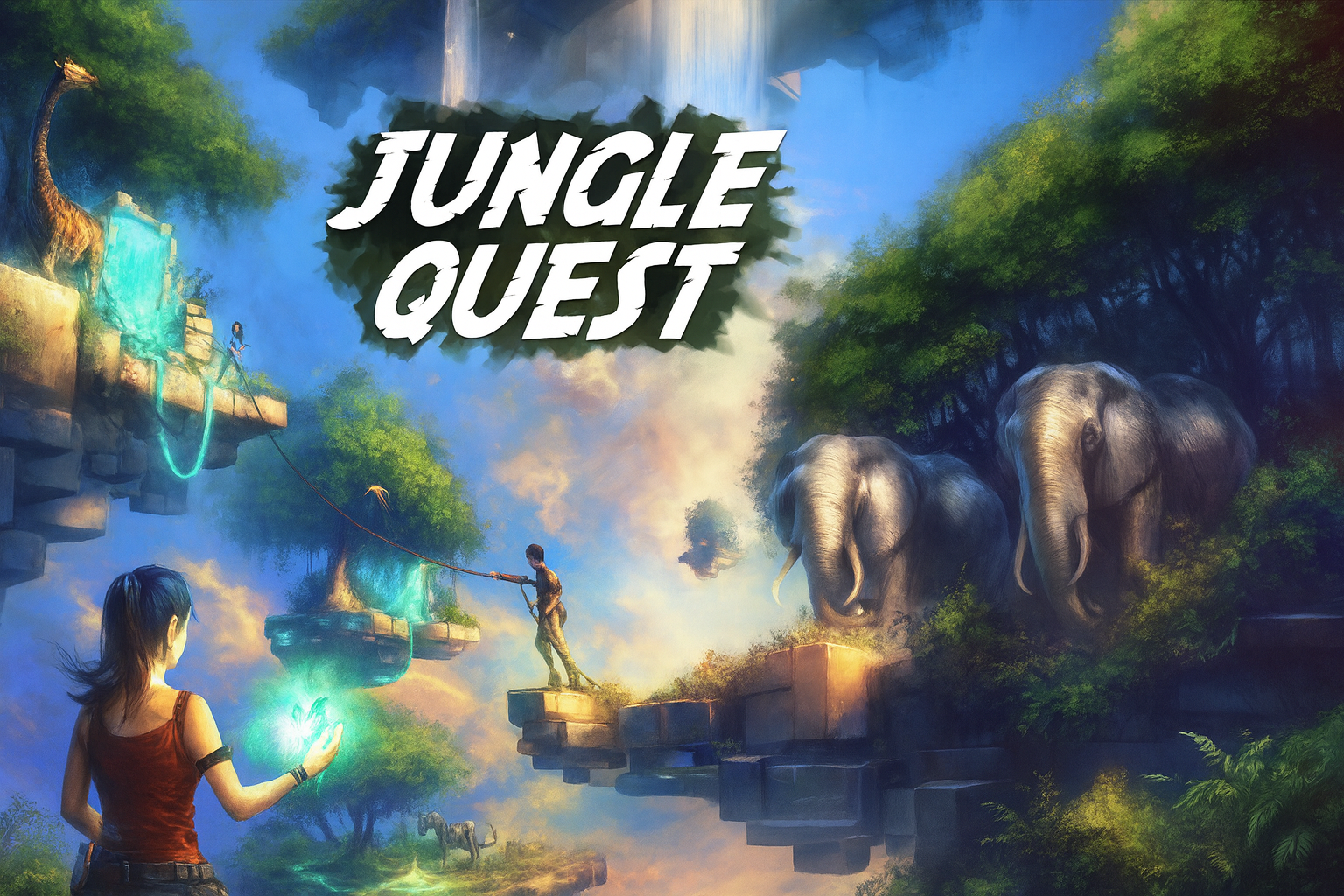 Fantasy scene titled 'Jungle Quest' with floating platforms, large elephants among lush green trees, a girl holding a glowing orb, and a boy on a platform holding a rope.