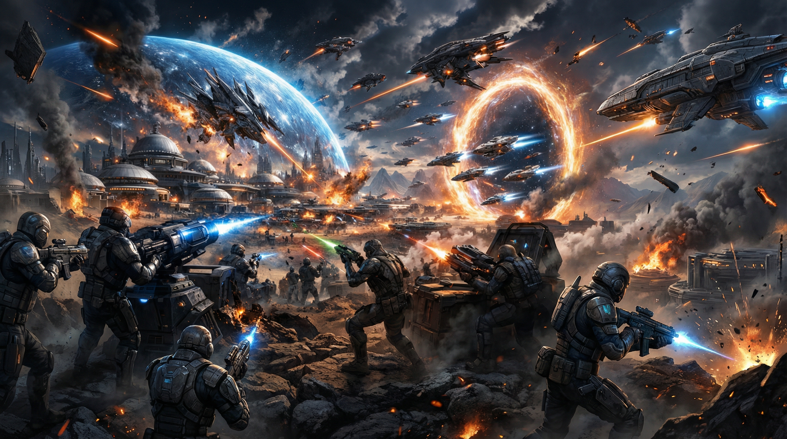 Futuristic space battle scene with soldiers on a battlefield, firing weapons at alien ships and spacecraft in space, with explosions, smoke, and a view of Earth in the background.