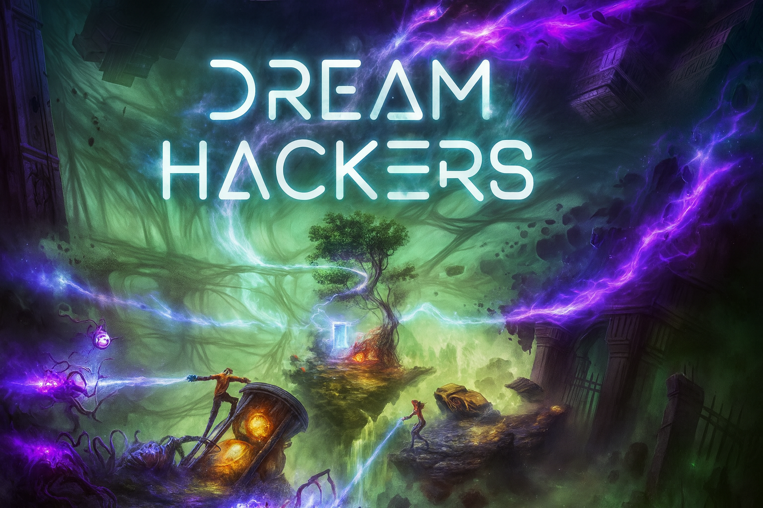 Digital artwork with neon text saying 'Dream Hackers' against a surreal landscape featuring floating debris, a large glowing tree, and a character wielding a sword. The scene is illuminated with purple and green lightning and has a futuristic, fantas