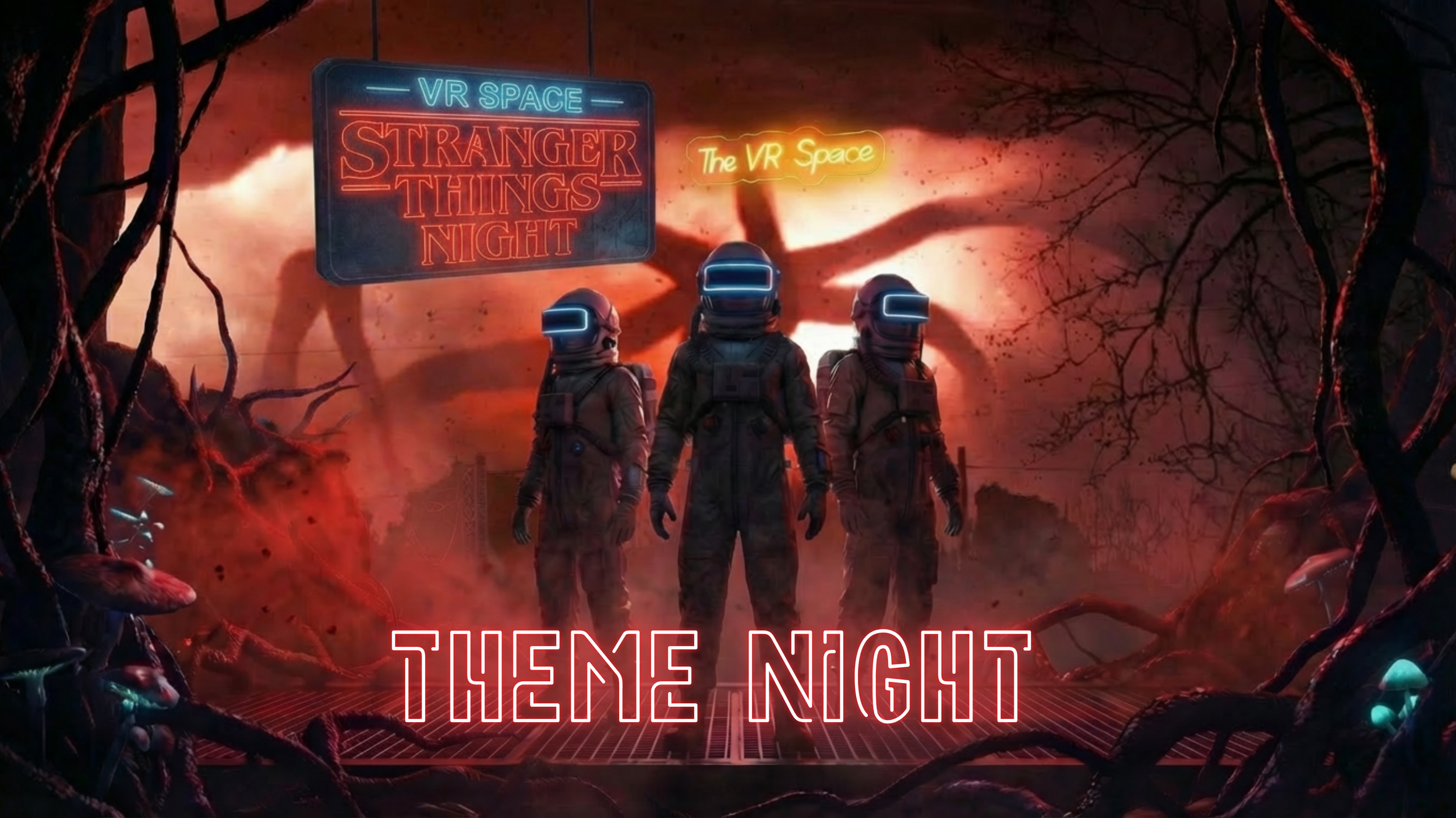 Three astronauts in futuristic space suits standing on a metallic platform in a dark, eerie forest with twisted tree branches, illuminated by neon signs that read "VR SPACE STRANGER THINGS NIGHT" and "The VR Space." The scene has a red and orange glo