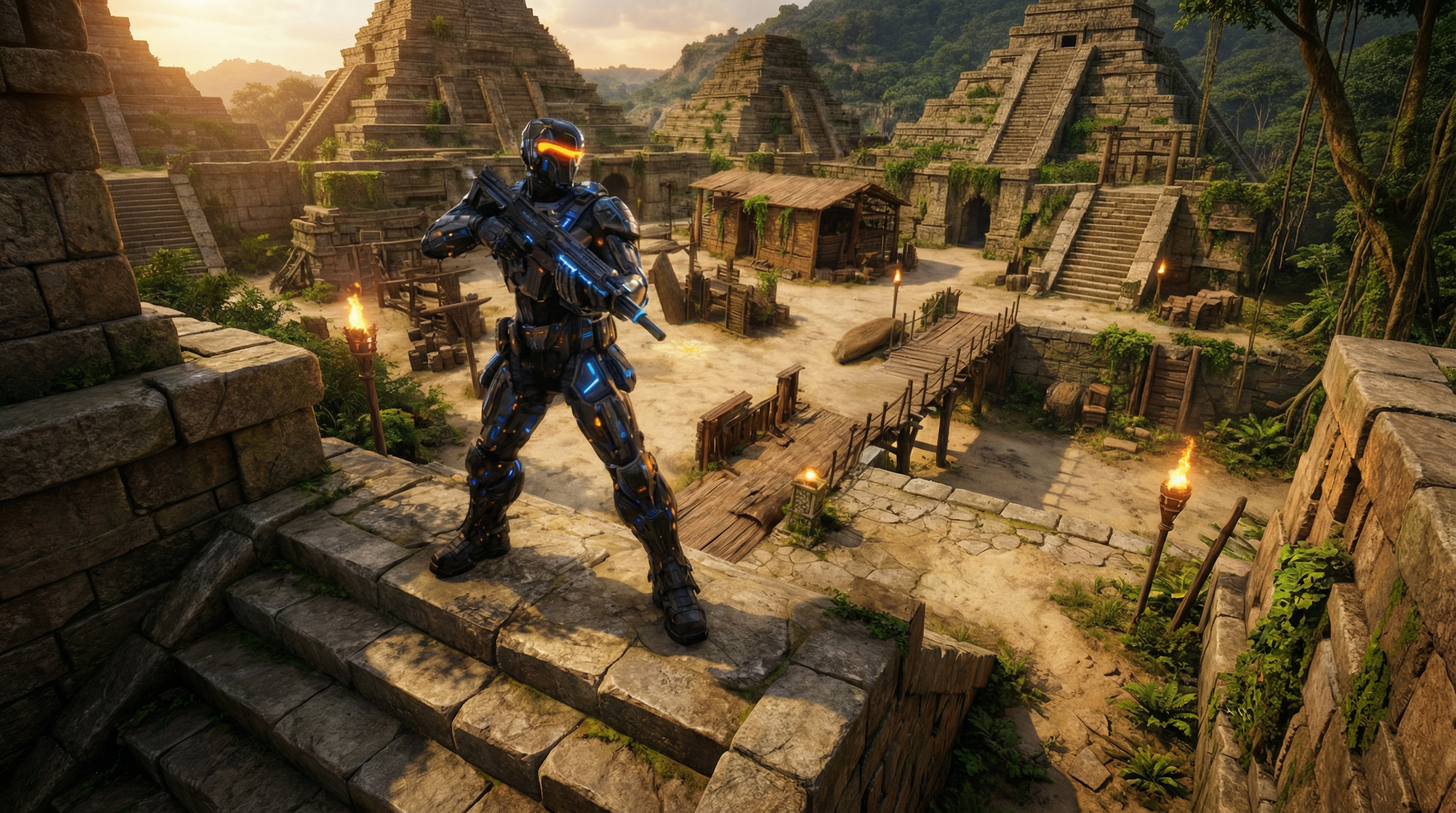 A futuristic armored soldier in black armor with glowing blue lights, holding a rifle, standing on ancient stone ruins resembling Mayan or Aztec pyramids, with a jungle background and torches illuminating the scene at sunset.