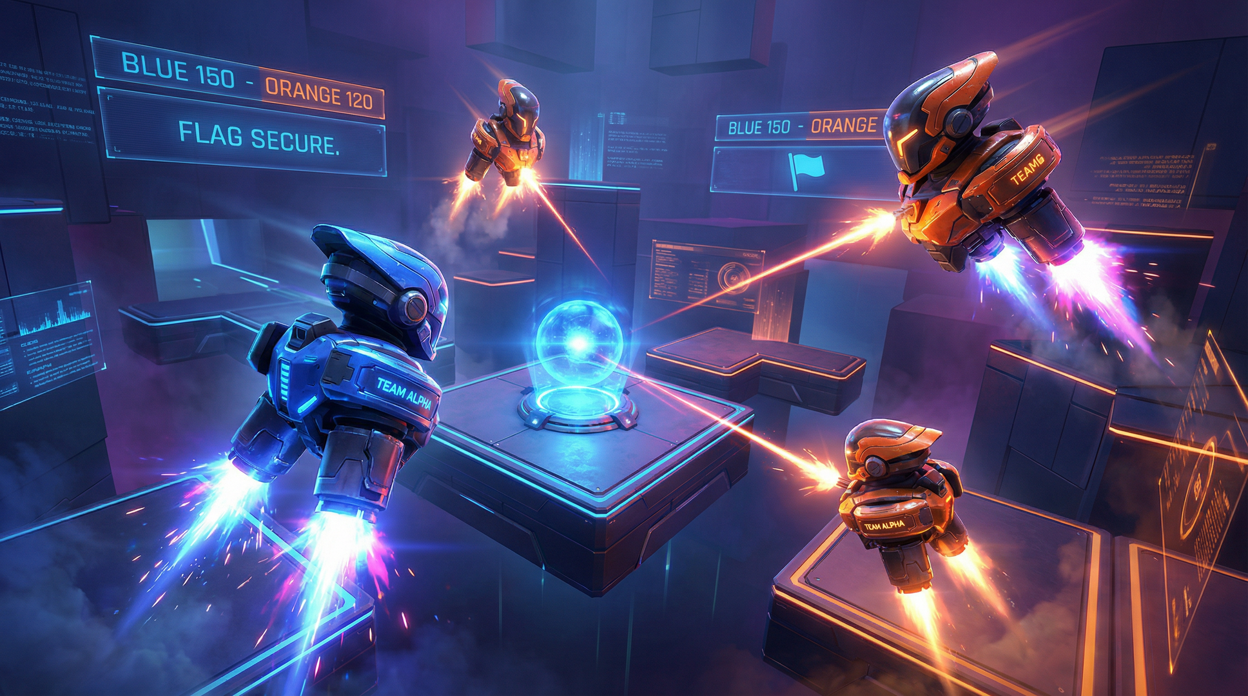 Four futuristic robots in space battle, with laser beams connecting to a glowing orb at the center, in a high-tech virtual environment with holographic screens.