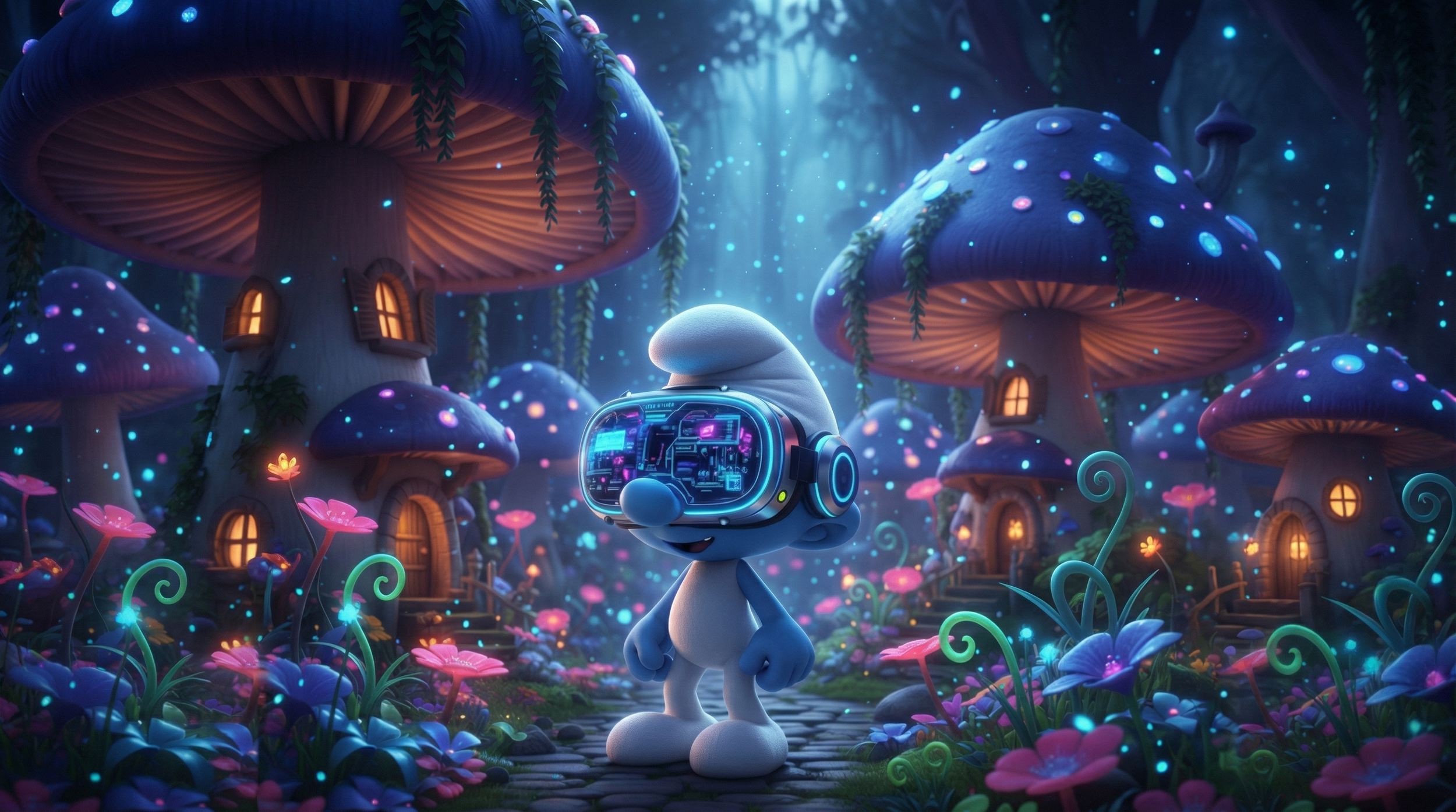 A cartoon character with a large head wearing a futuristic virtual reality headset in a colorful, glowing fantasy forest with large mushroom houses, vibrant flowers, and floating lights.