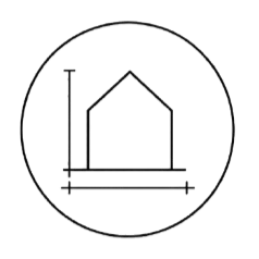 Geometric drawing of an outline square with sections divided by vertical, horizontal, and half circle lines.