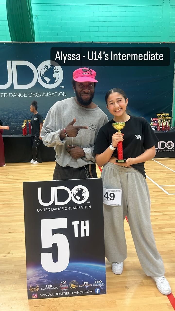 Alyssa Receiving Trophy โ 5th place in Under 14 Intermediate at UDO Greater London 2025
