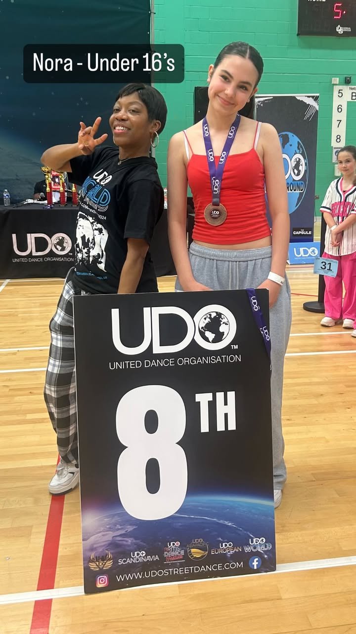 Nora Receiving Trophy โ 8th place in Under 18 at UDO Greater London 2025