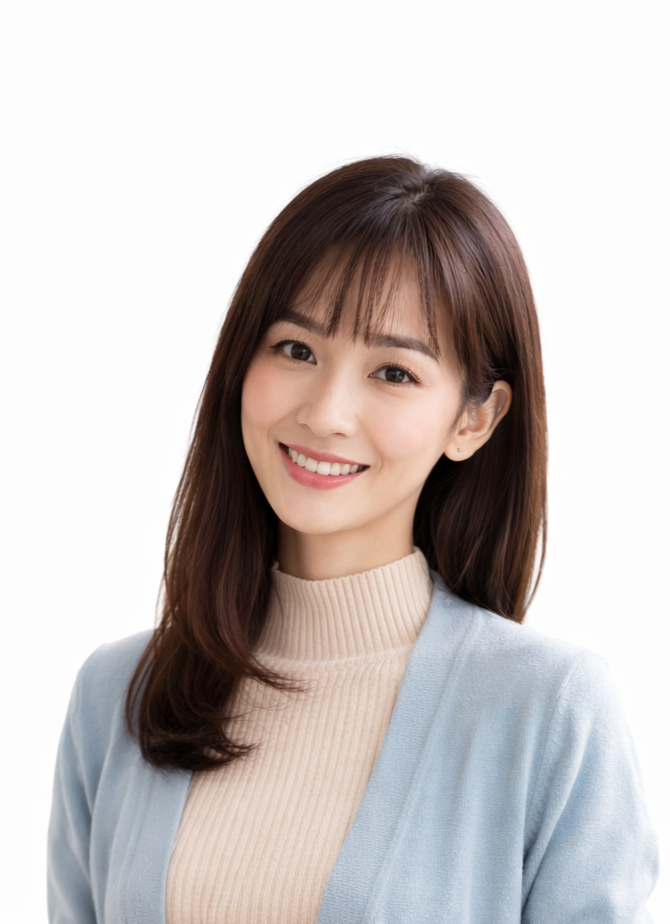 Portrait of a young woman with brown hair and bangs, smiling, wearing a beige turtleneck sweater and light blue cardigan, against a white background.