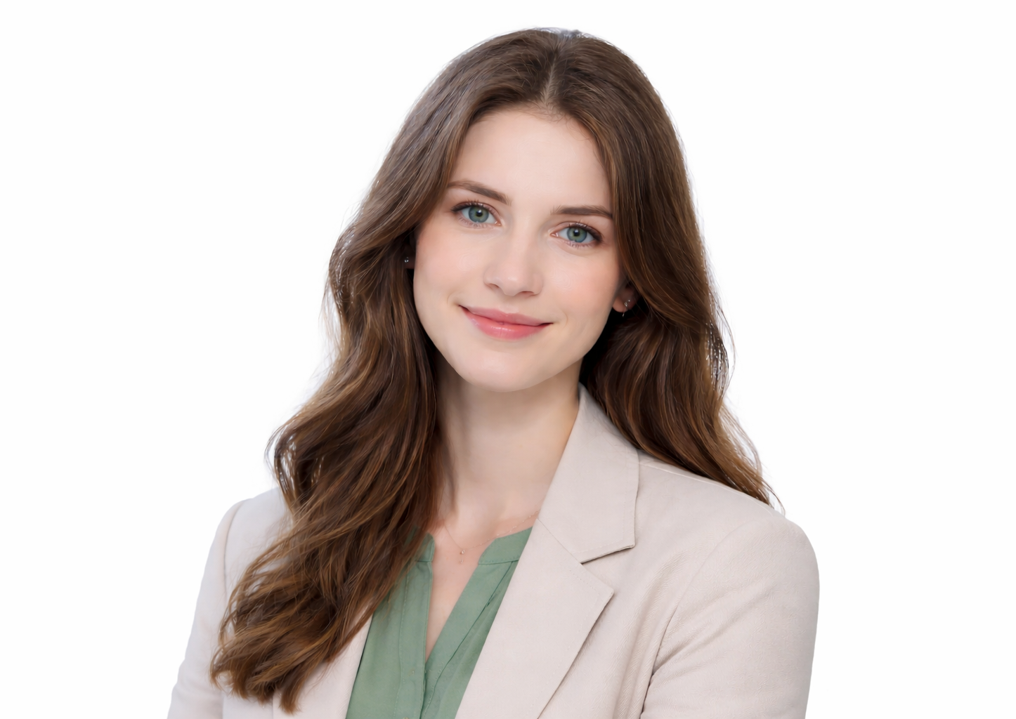 Portrait of a young woman with long wavy brown hair, blue eyes, and a light smile, wearing a beige blazer over a green blouse against a white background.