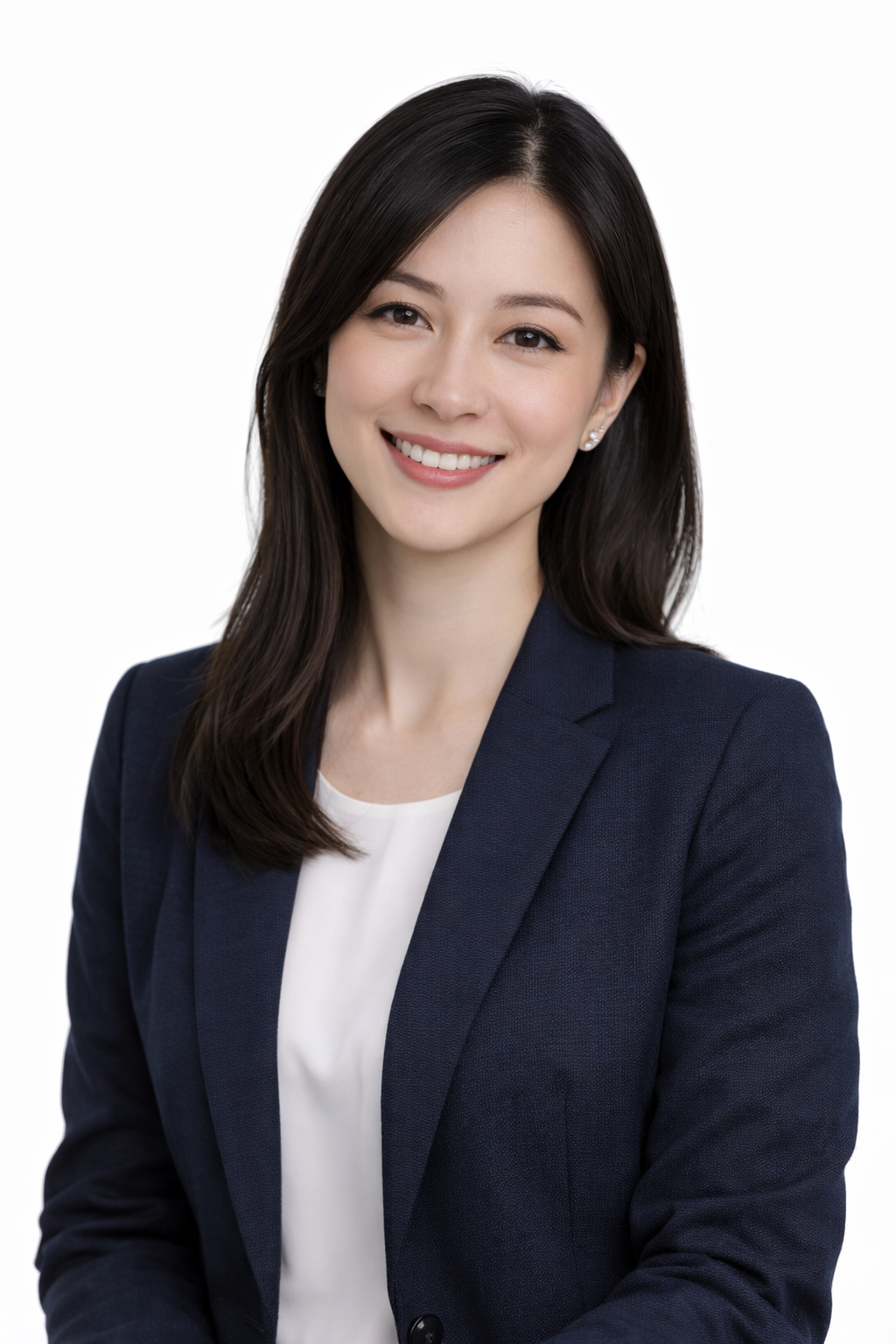 Professional headshot of a woman with long dark hair, wearing a navy blazer and white top, smiling against a white background.