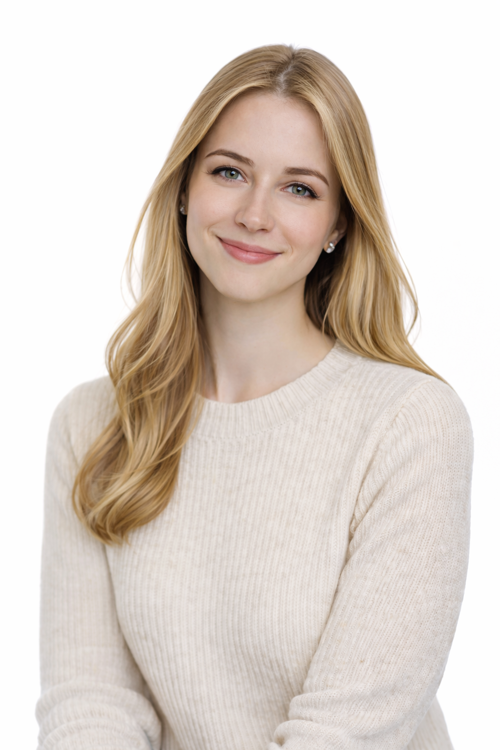 A young woman with long, wavy blonde hair, wearing a cream-colored sweater, smiling softly against a white background.