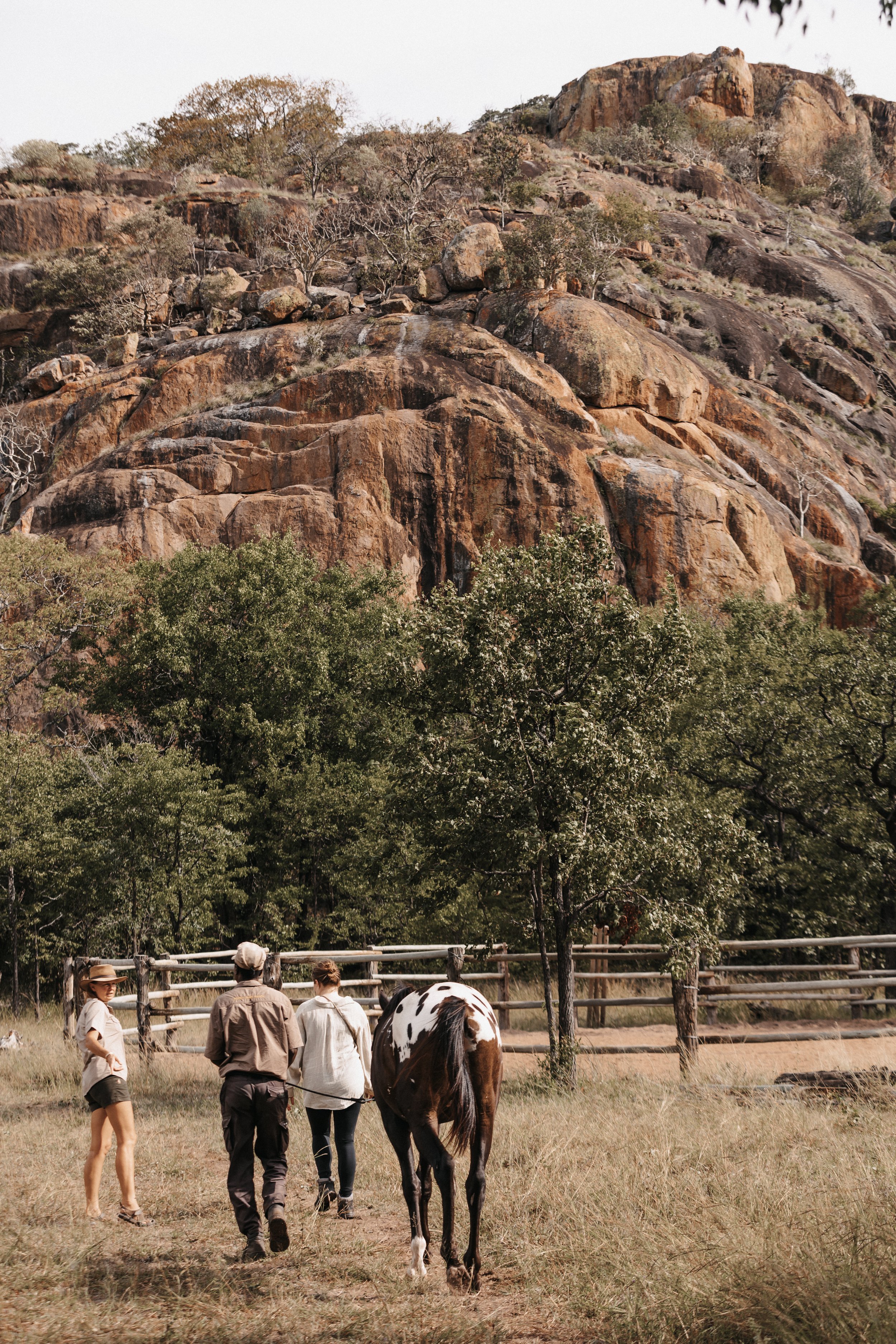 Three people walking with a horse near a wooden fence, with a rocky hill and trees in the background.