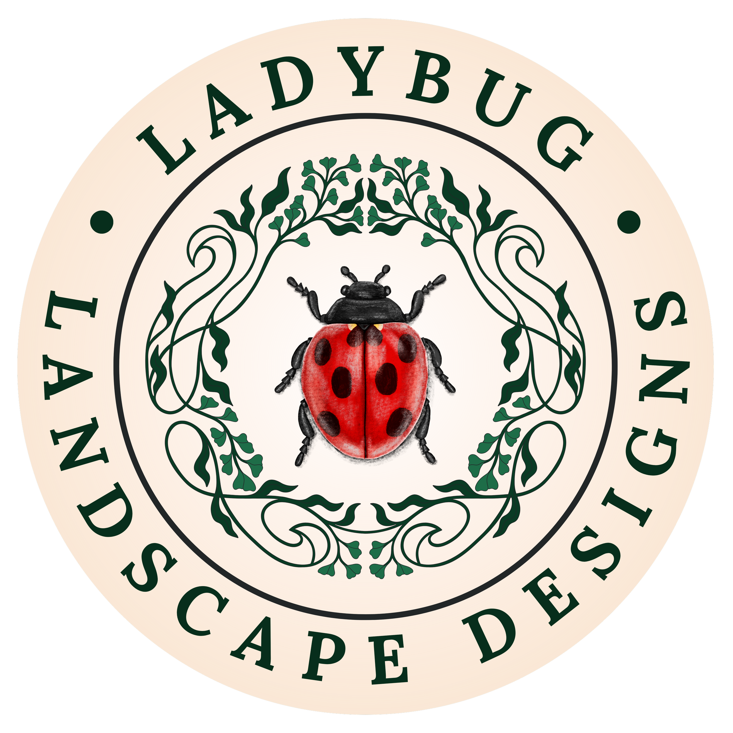 A circular emblem with a ladybug at the center, surrounded by green decorative leaves. The outer ring contains the words 'LADYBUG SCAPE DESIGNS' in green capital letters on a cream background.