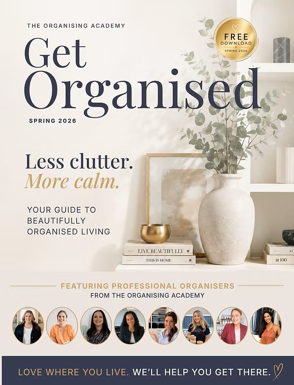 Flyer for 'Get Organised' by The Organising Academy, Spring 2026, offering free downloadable guide on decluttering and organized living. Features professional organisers and a decorative shelf with books, a vase with greenery, and a small bowl.