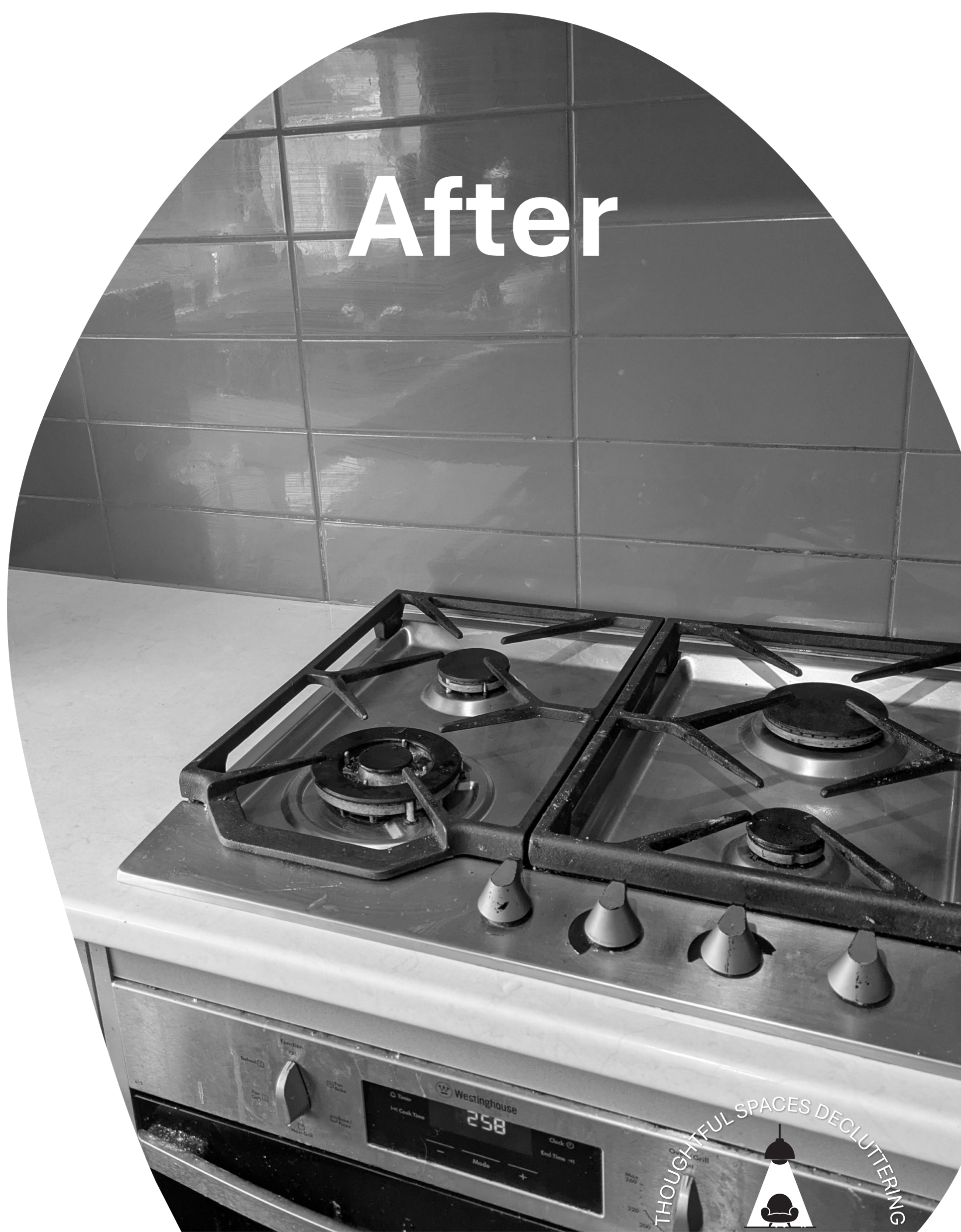 Black and white image of a gas stove with four burners, with a backsplash of shiny tiles. The image is part of a before-and-after comparison for Compassionate Support