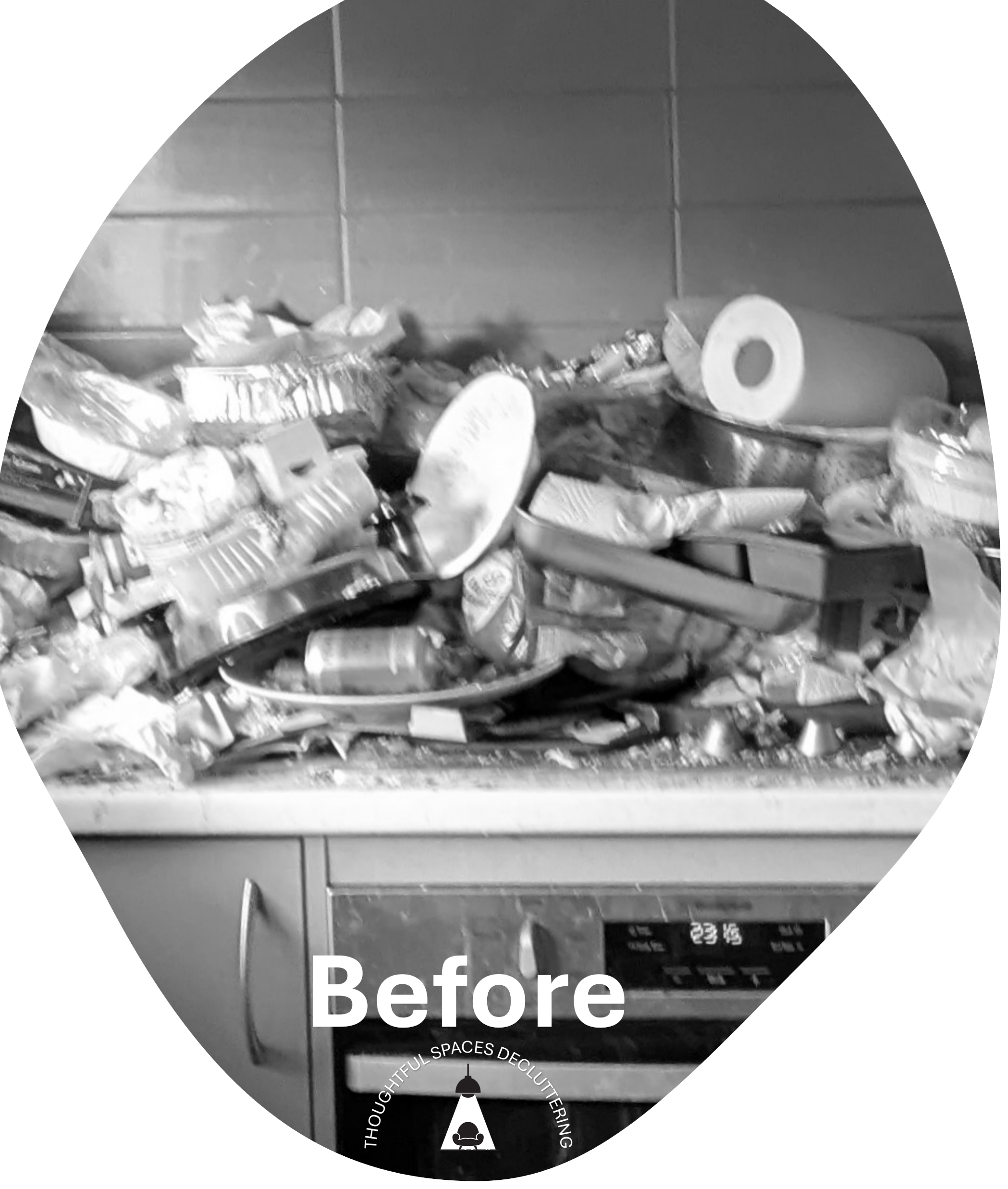A cluttered kitchen countertop with various food wrappers, a white mug, and a stove in the background. The image is part of a before-and-after comparison for Compassionate Support