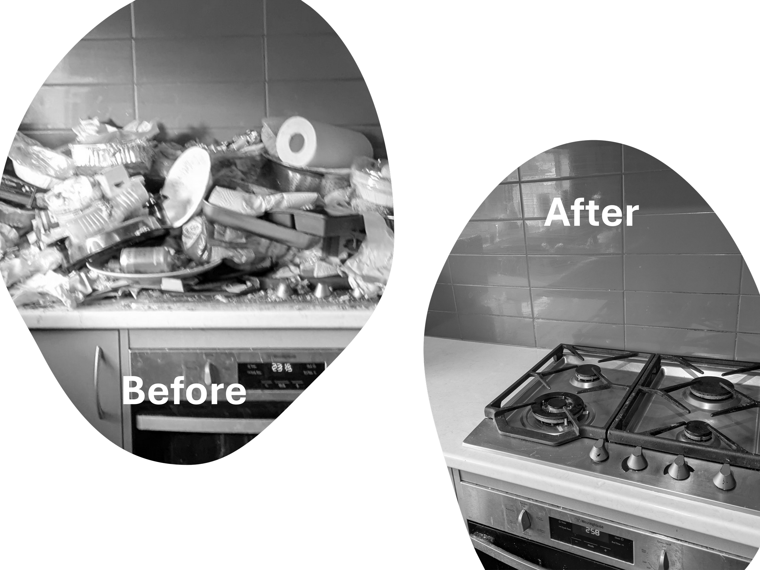 Before and after of a kitchen that was in a squalor situation Depression Grief Overwhelm Help Kindness Care Compassion