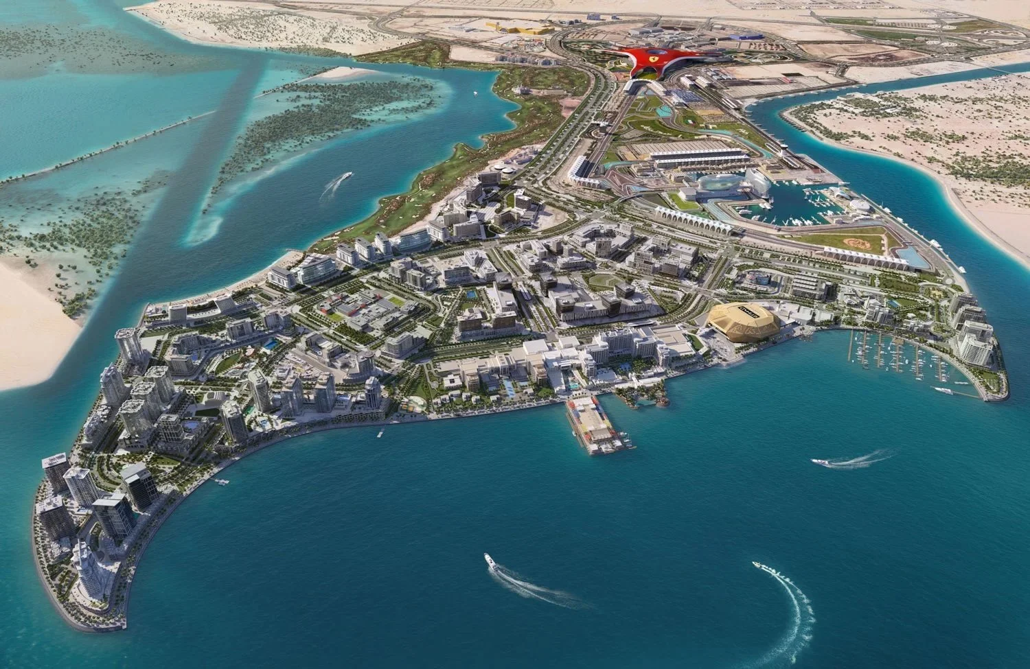 Aerial view of a large coastal city with modern buildings, waterfront, marina with boats, waterways, and an airport with a distinctive aircraft-shaped terminal.