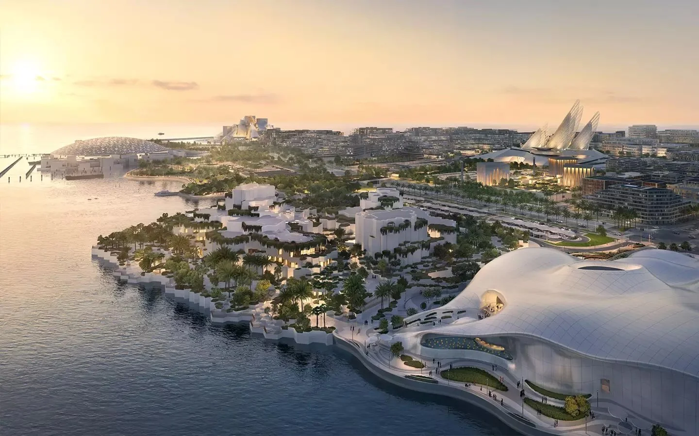 Digital rendering of a modern waterfront cityscape with distinctive architecture, including a large white curved building, a promenade, and futuristic structures, at sunset.