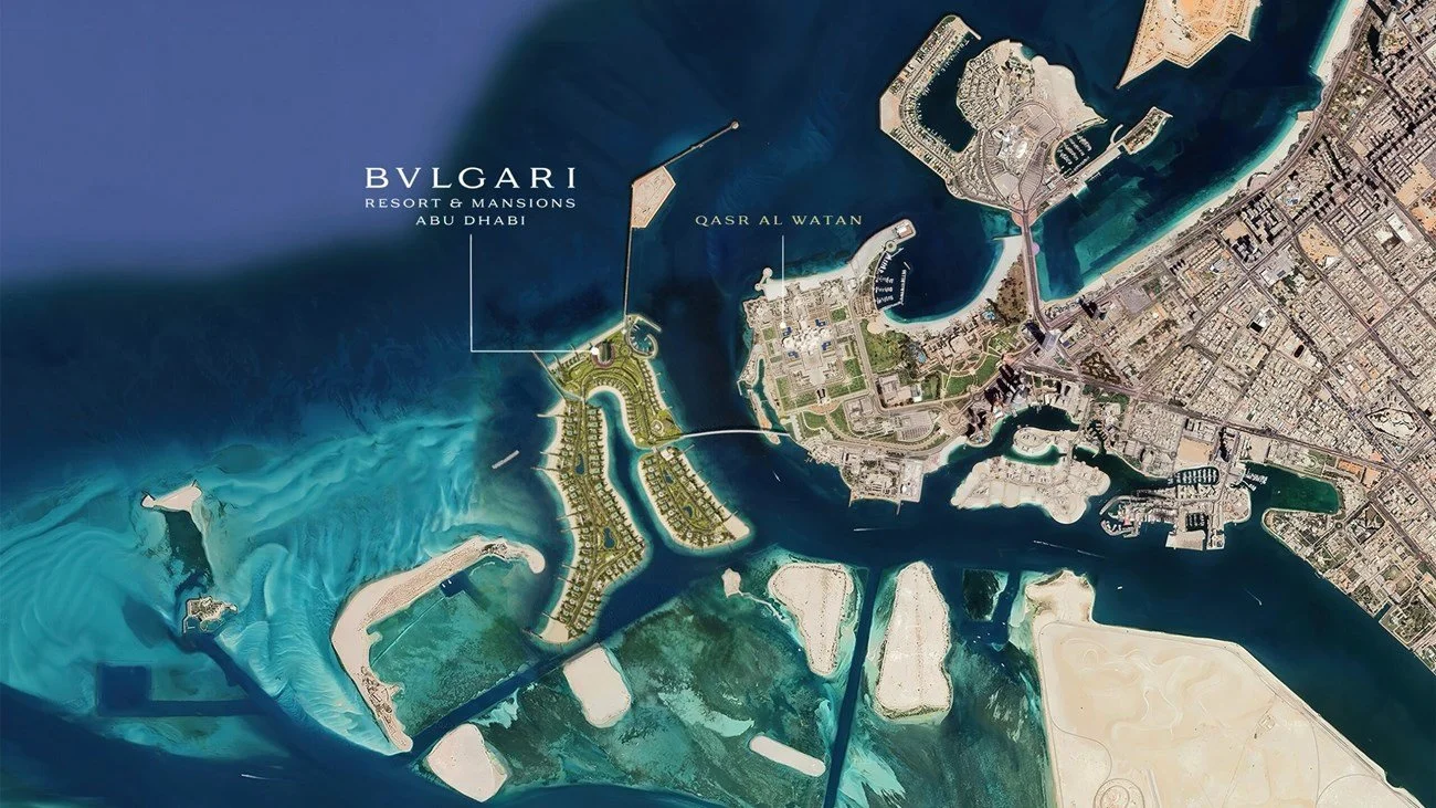 Satellite map of Abu Dhabi showing the BVLGARI resort, Qasr Al Watan, and surrounding waterways and cityscape.