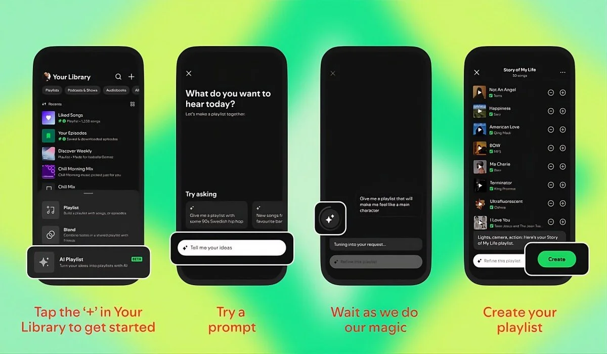 A set of instructions by Spotify that show how to create AI playlists step by step on multiple phone screens