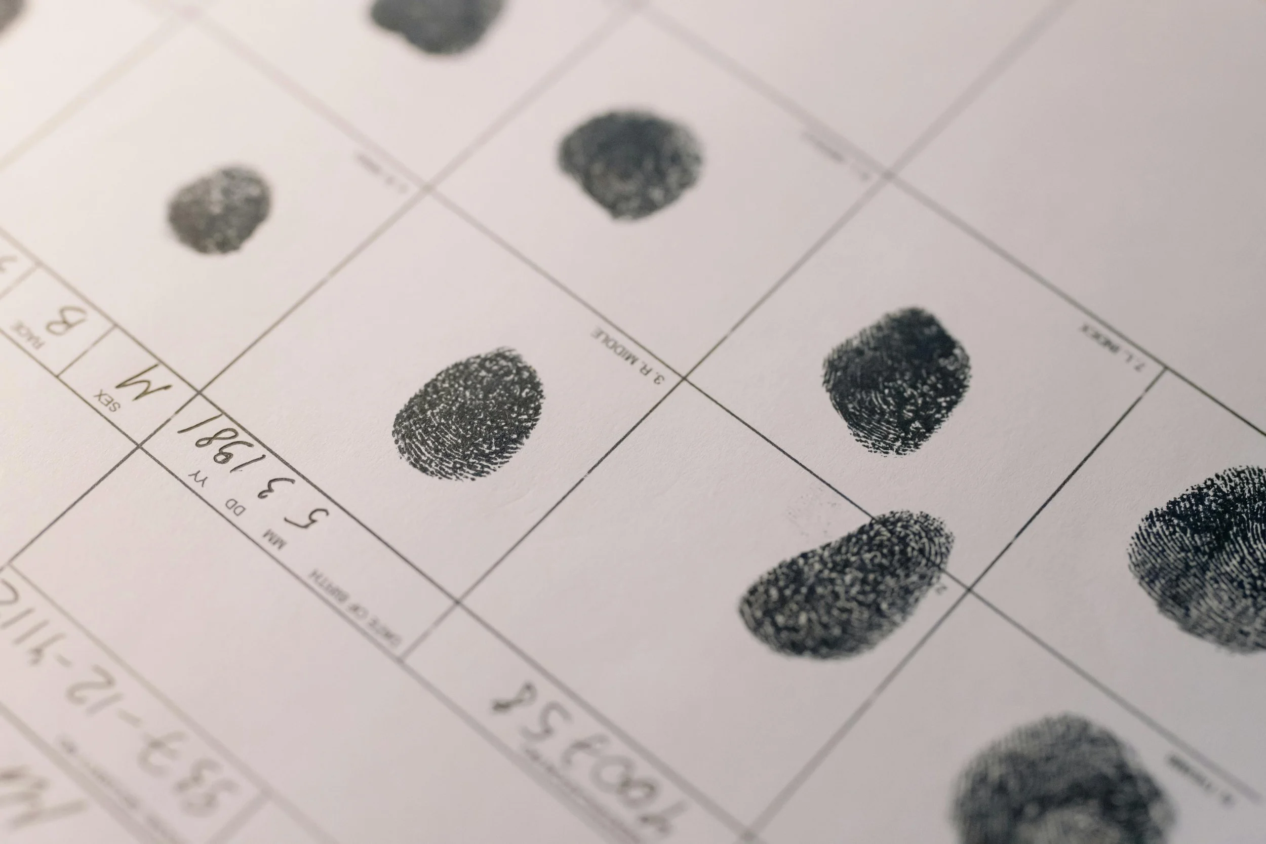 A page with some black and white fingerprints, at an angle.