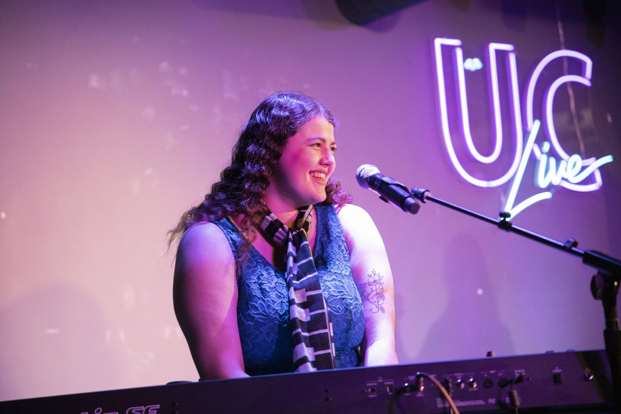 UWW Senior, Kierstyn Torres, in the University Center's Down Under performing during a Talent Show sponsored by UCLive in Spring of 2023