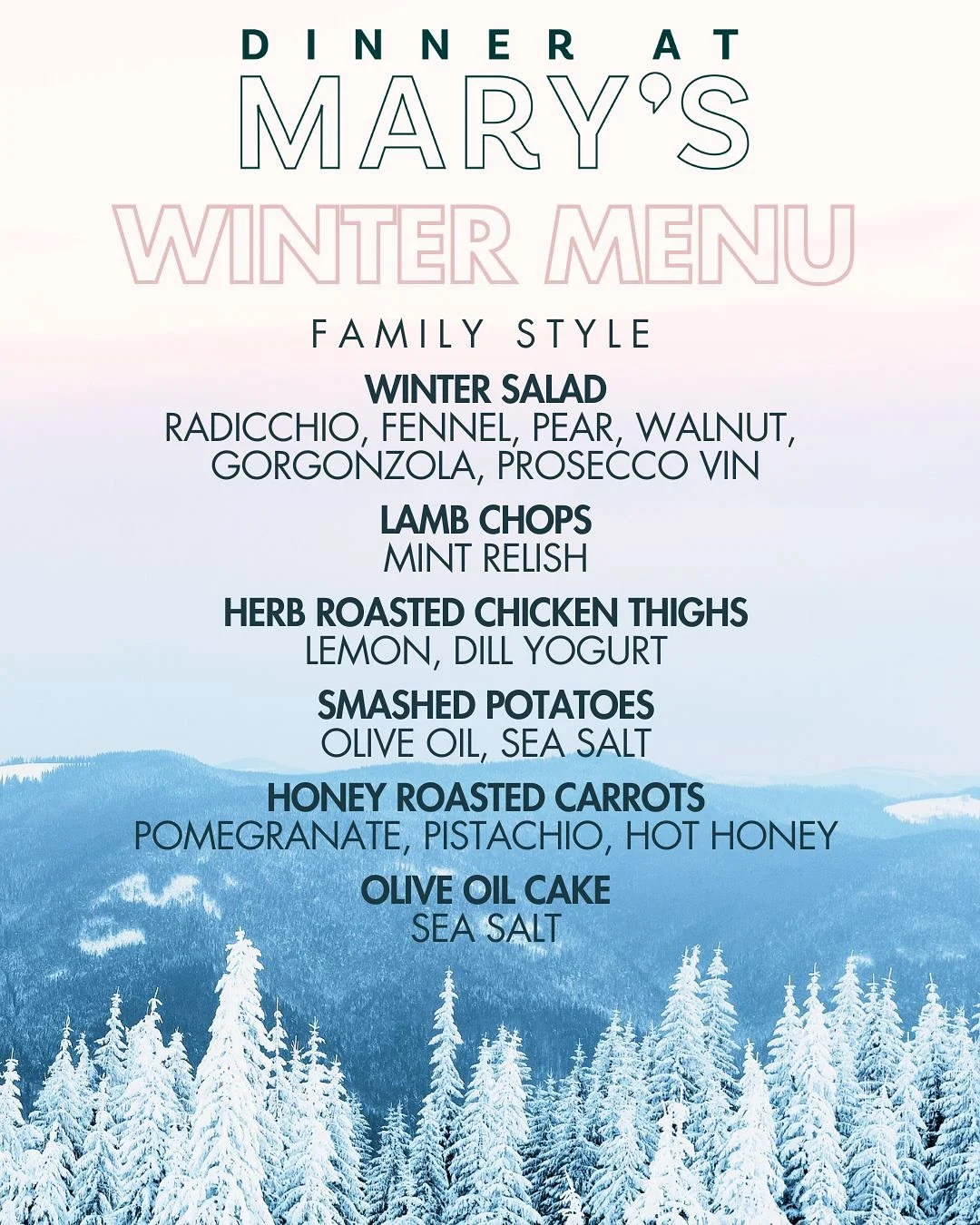 Winter is undeniably here. Warm up with our 🌿nfused family style and tasting menu options for the season. 

Better book up January (we&rsquo;re out of commission February) 👩🏻&zwj;🍳 

#catering #privateevent #oliveoil #familystyle #tastingmenu #sm