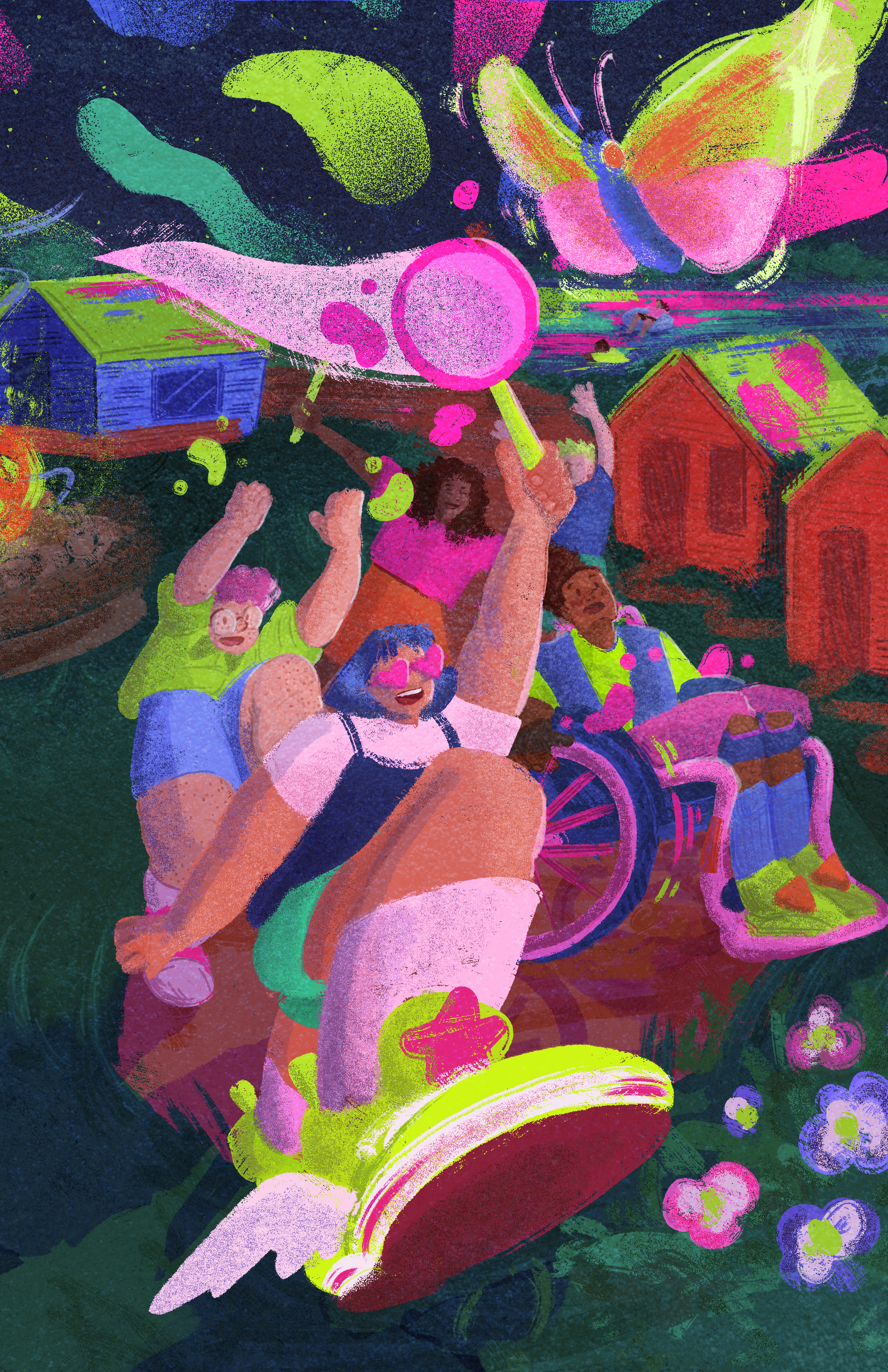 illustration of four youth at camp catching butterflies under a colourful night sky.