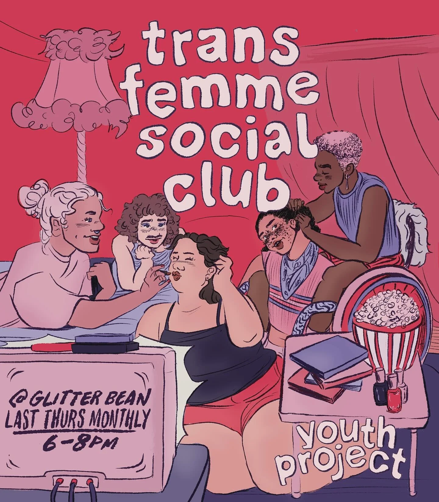💖 Join us at this month&rsquo;s Trans Femme Social Club! 💖
✨ Date &amp; Time: Thursday, August 28th from 6-8pm 
✨ Location: Glitter Bean

The Youth Project is excited to announce that the Trans Femme Social Club will now be a monthly program! Trans