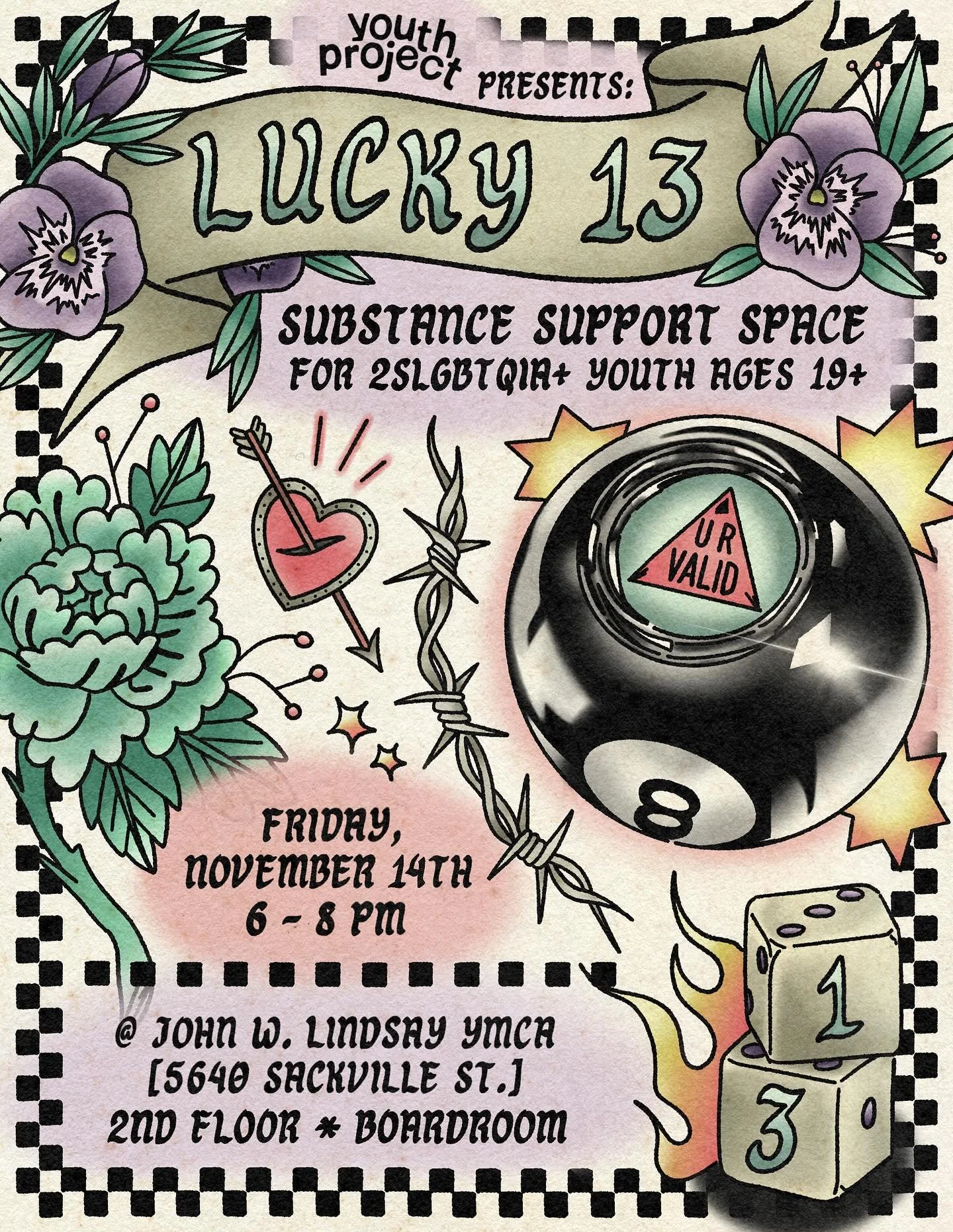 ✨It&rsquo;s that time of month again!✨

Join us next week &mdash; on Friday, November 14th &mdash; for this month&rsquo;s edition of Lucky 13, our Substance Support Space for 2SLGBTQIA+ youth ages 19-30! 
We meet from 6-8 PM at the John W. Lindsay YM