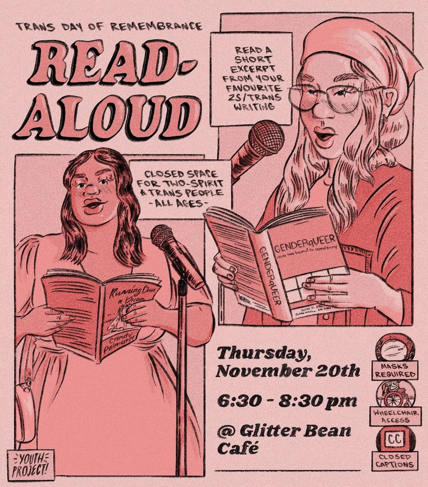 ✨ 🏳️&zwj;⚧️ 📚 TDOR Read-Aloud &amp; Karaoke! 🎤🏳️&zwj;⚧️✨
🗓️ Thursday, November 20th from 6:30-8:30pm
☕️ At Glitter Bean Cafe (5896 Spring Garden Road)
⚧️ Closed space for 2STGNC folks of all ages
📬 To register, please send us a DM or email kay@