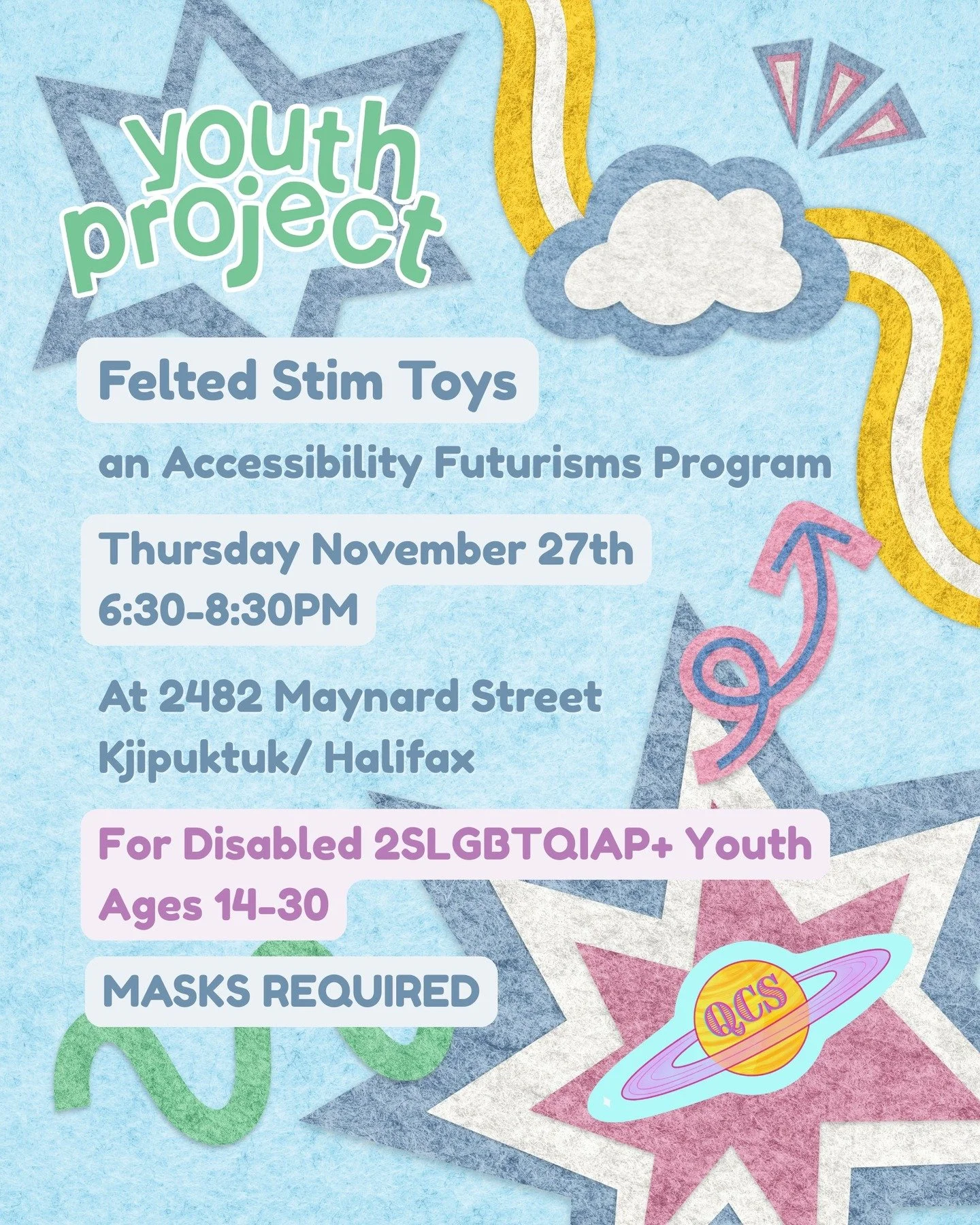 ✨Felted Stim Toys an Accessibility Futurisms Program ✨

When: Thursday, November 27th, 2025 from 6:30 to 8:30 PM 

Where: Wonder&rsquo;neath, 2482 Maynard Street, North End Kjipuktuk/ Halifax (In-Person). 

Come make felted stim toys with us!
The You