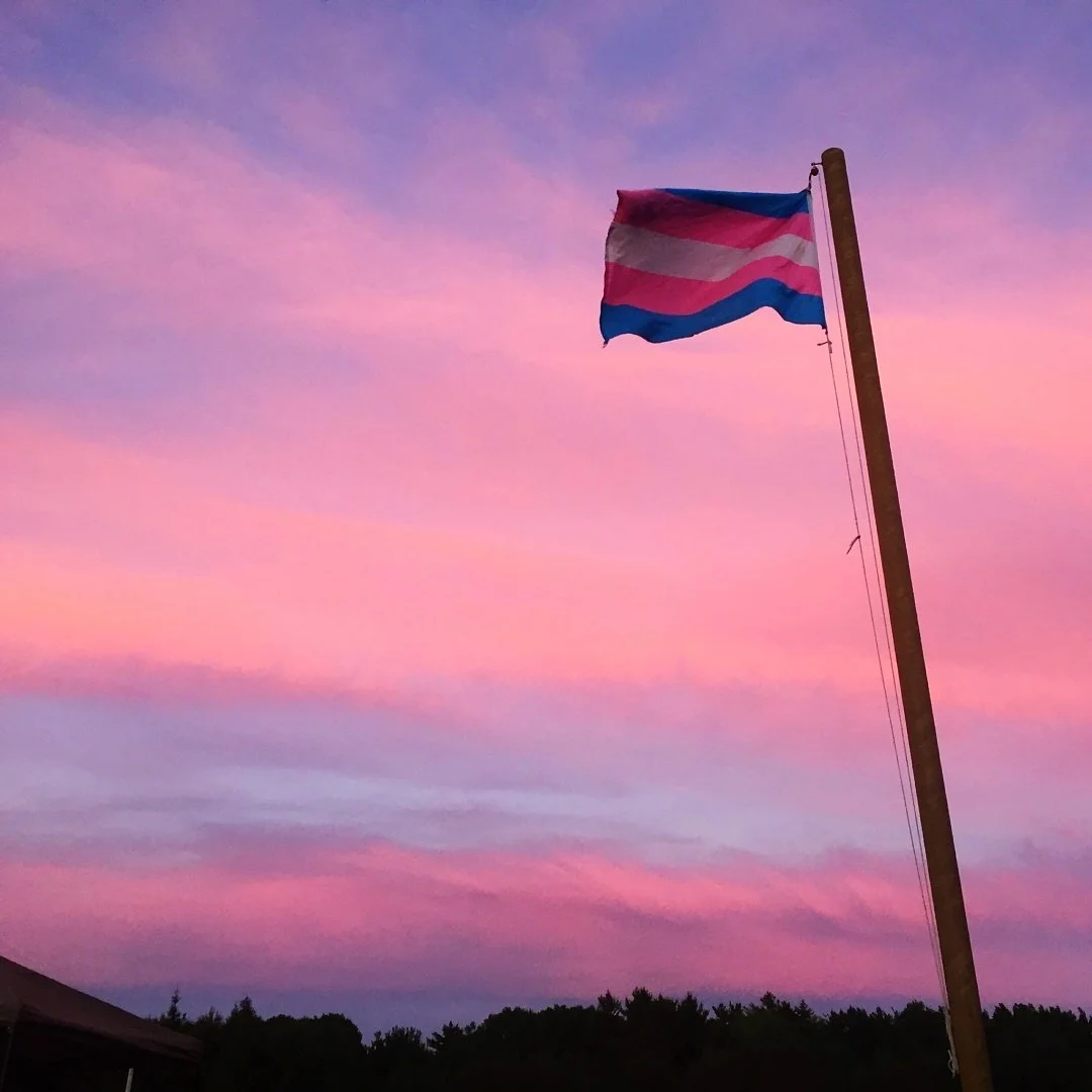 A flying trans flag on a sunset of matching pinks and blues.